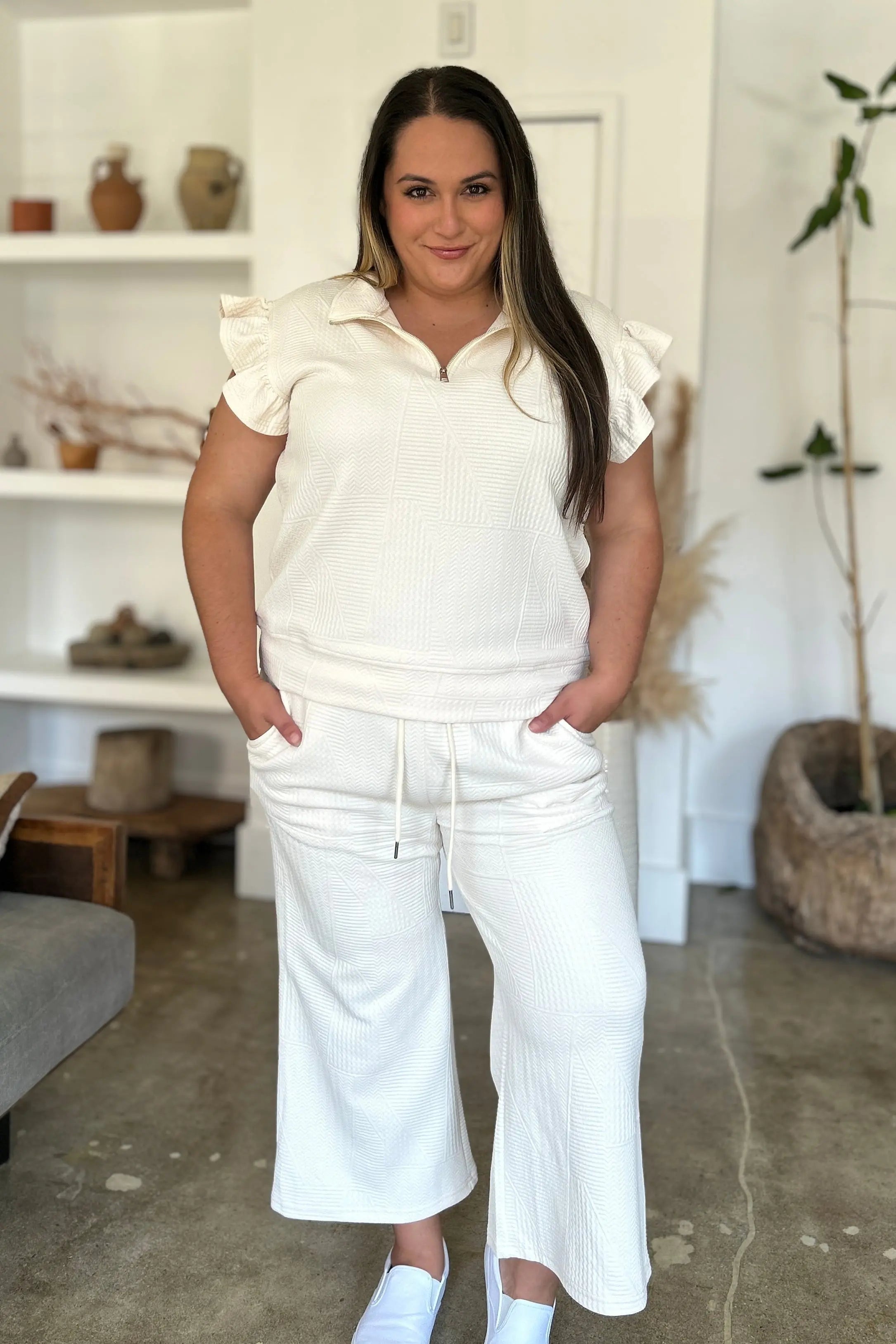 Double Take Women's Full Size Textured Ruffle Short Sleeve Top & Wide Leg Pants Set | Casual Outfit for Summer, Beach, Date Night & Office Wear