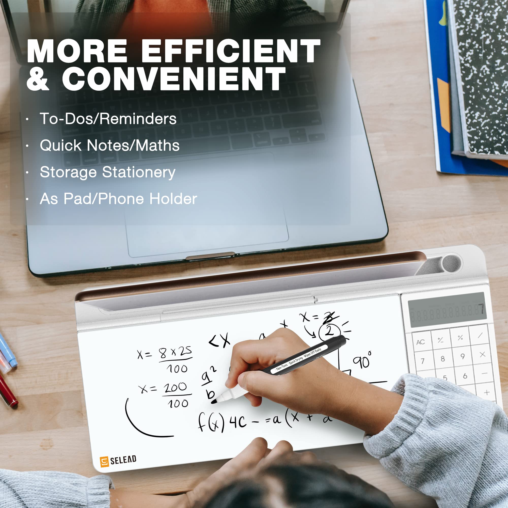 SELEAD Small Desktop Glass Whiteboard with Built-in Calculator, Organizer, Markers & Eraser Holder - Dry Erase Board for Computer Keyboard Stand | Perfect for Home Office, School Desk & Cubicle Organization Accessories