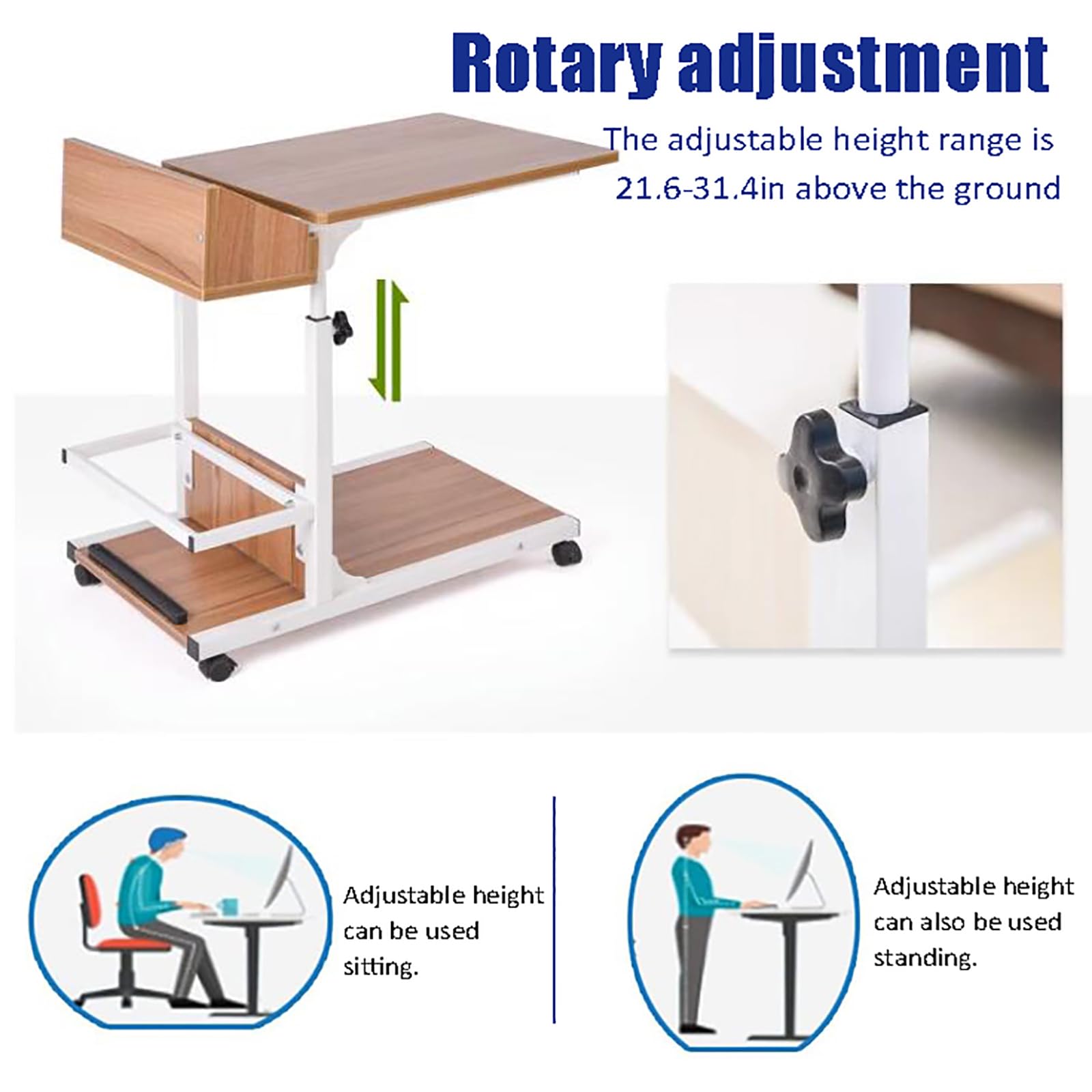 Adjustable Height Overbed Table with Wheels - Mobile Rolling Standing Desk & Portable Laptop Computer Table - Wooden Side Table for Home Office, Sofa, Bed (60x40x55cm/24x16x22inch) - Perfect for Working, Eating, Reading in Bed or Living Room