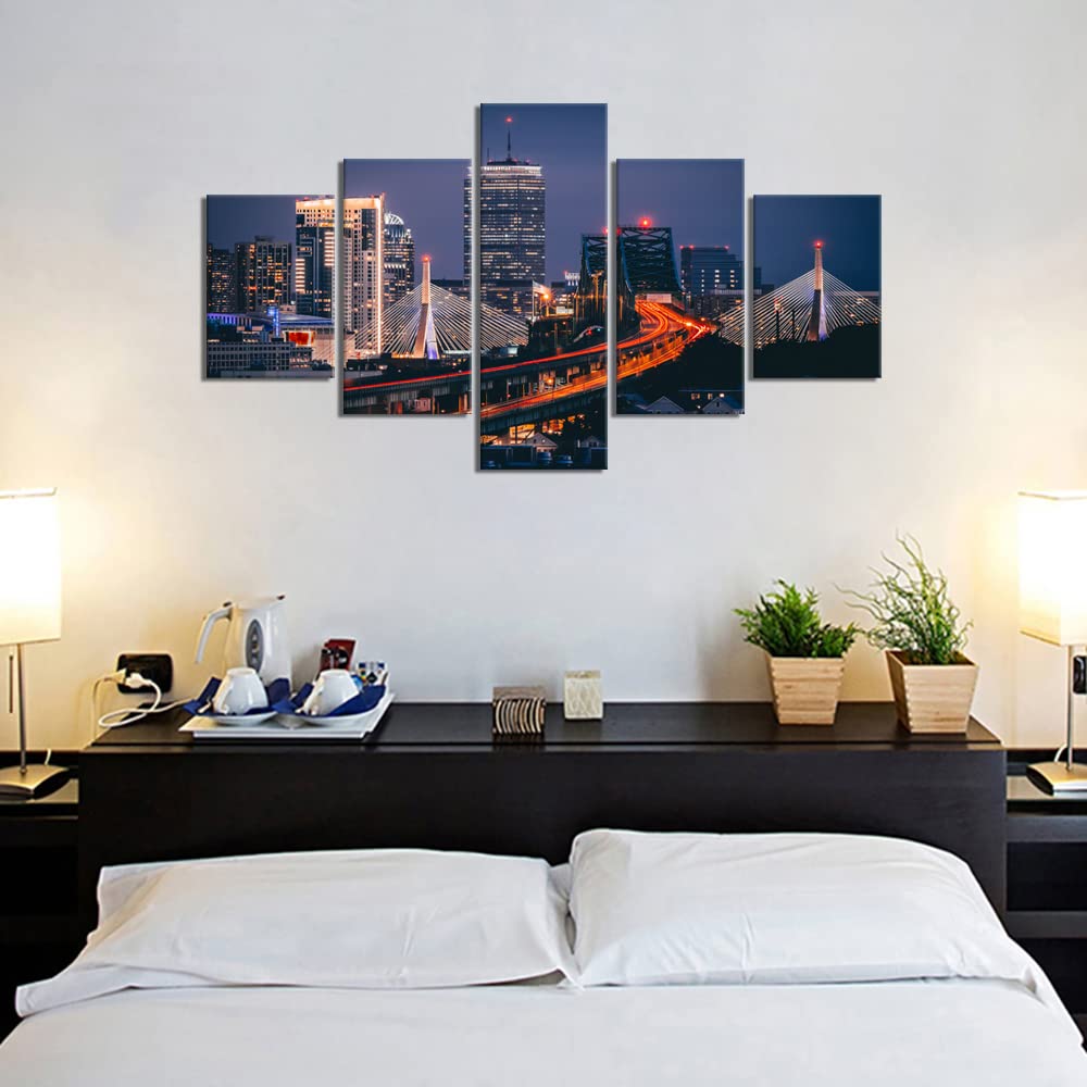 Boston Skyline at Night Canvas Wall Art - 5 Piece Framed Cityscape Painting Set, Modern Home Decor for Living Room, Office & Bedroom - Ready to Hang Gallery-Wrapped (70''W x 40''H) - Perfect for Urban Style Interiors & Gift Giving
