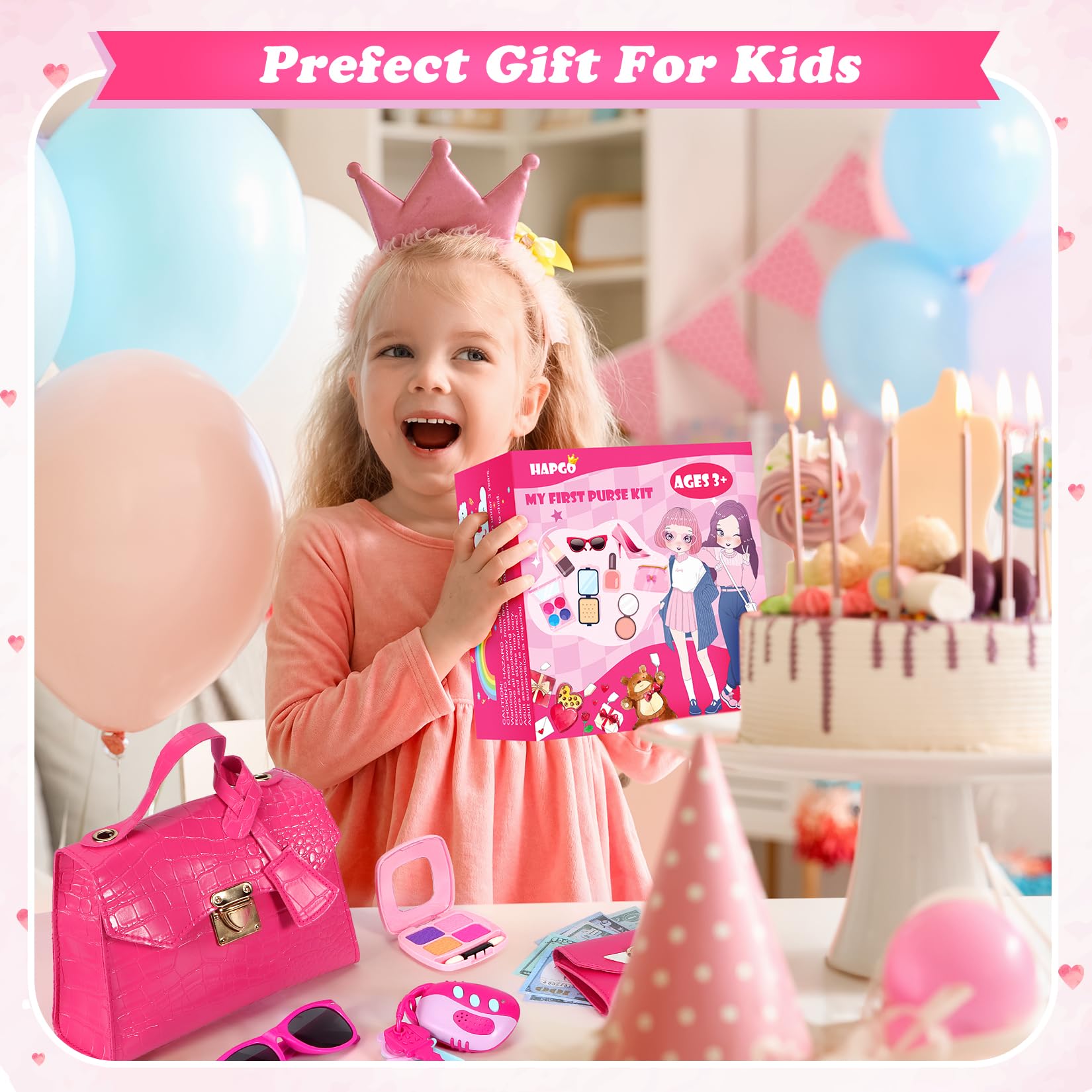 Kids Play Purse Set with Makeup & Jewelry - Dress Up Toy for Girls 3-6