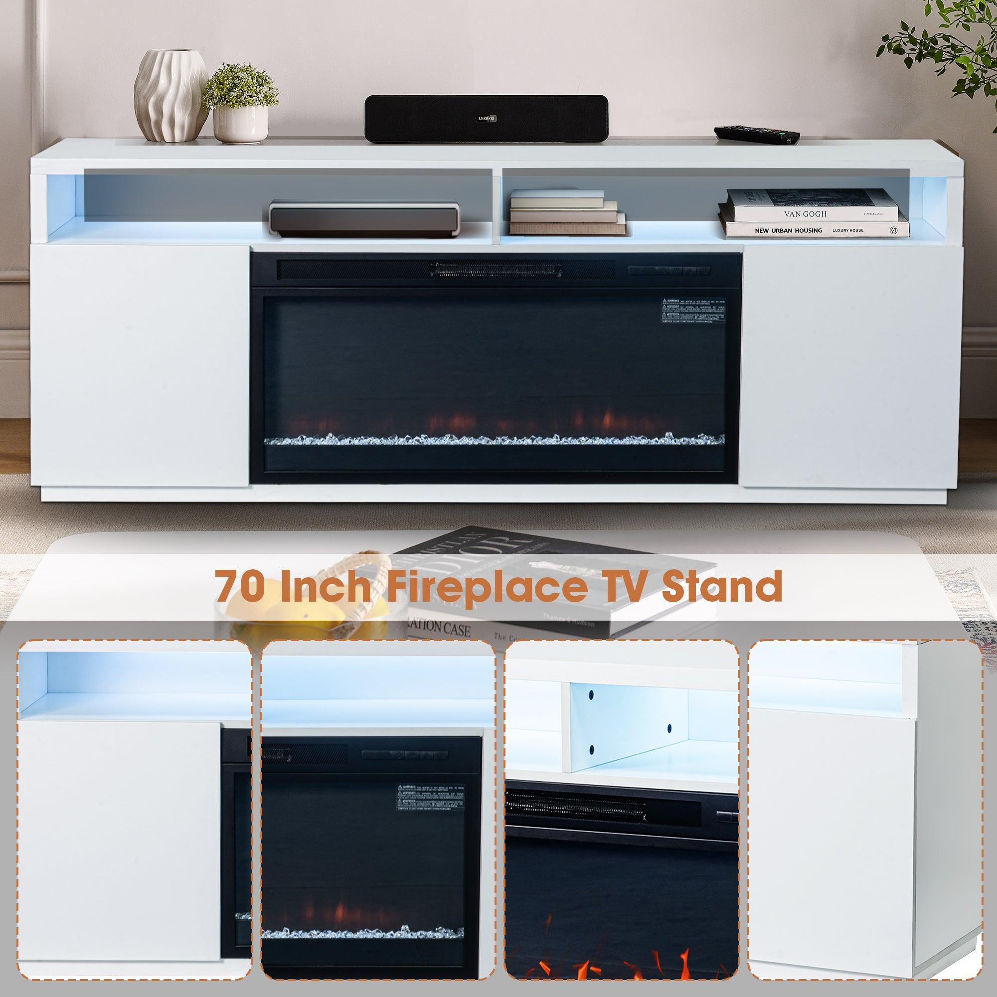 Modern 68-Inch LED TV Stand with 36-Inch Insert Opening & Electric Fireplace - Black or White - Perfect for Living Room Home Theater & Cozy Winter Nights