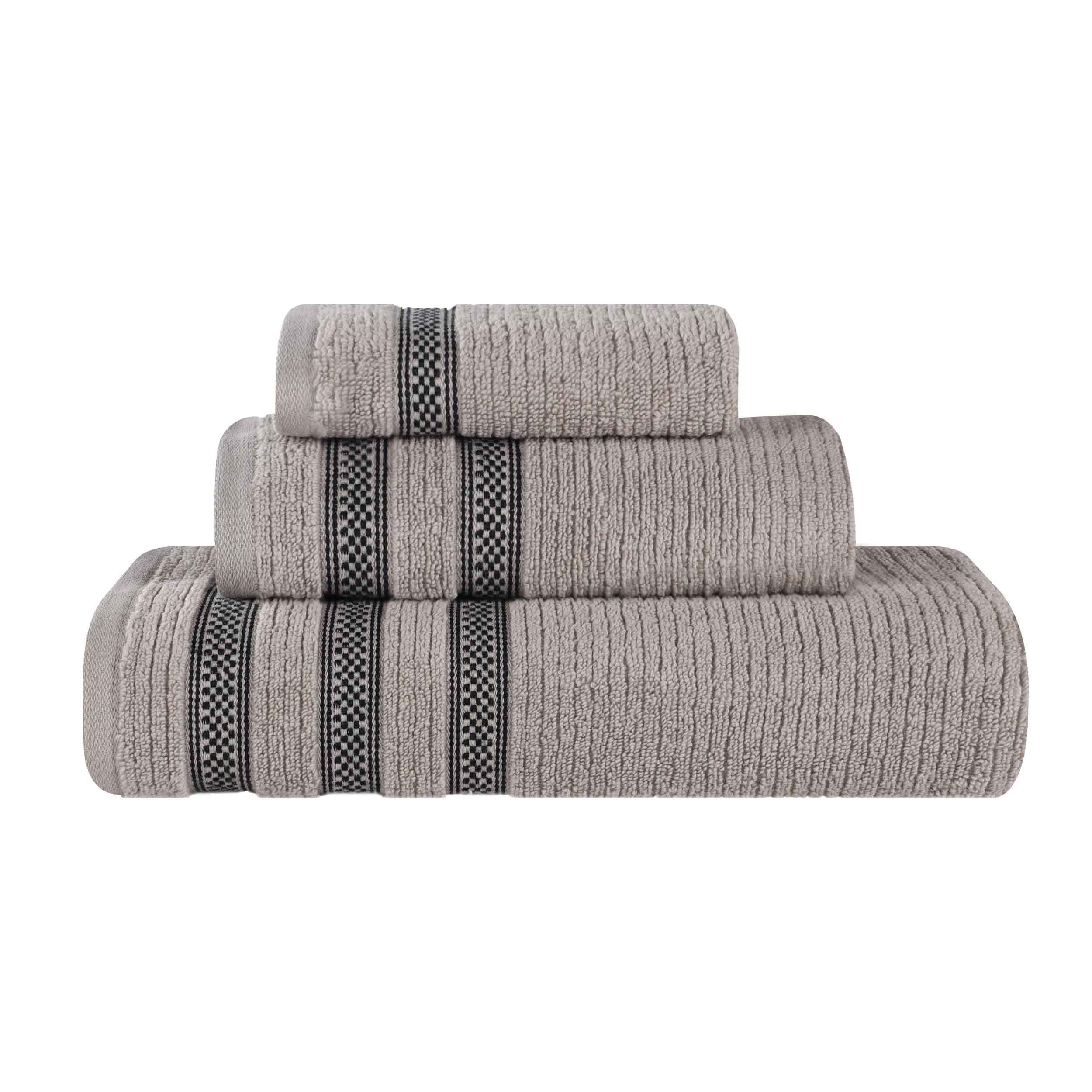 Premium Zero Twist Cotton Ribbed Geometric Border Plush 3-Piece Bath Towel Set - Ultra Soft & Absorbent for Spa, Bathroom & Luxury Home Use