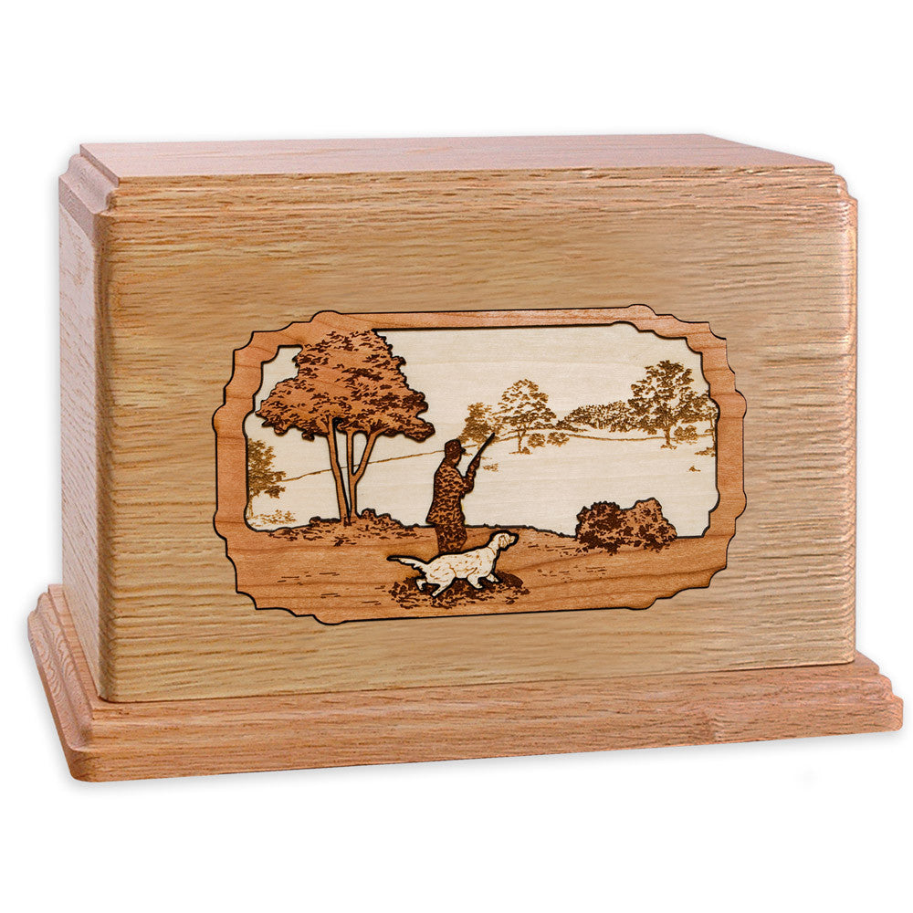 Handcrafted Companion Cremation Urn - 3D Wood Inlay of Hunter & Dog Scene - Memorial Keepsake for Pet Ashes - Perfect for Home Display or Memorial Ceremony
