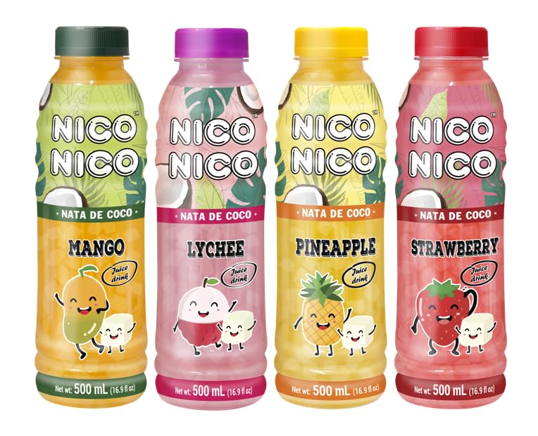 NICONICO Coconut Gel Juice Drink Variety Pack - 12 Bottles (16.9 fl oz) with Mango, Lychee, Strawberry & Pineapple Flavors | 30% Real Fruit Juice | Refreshing Tropical Beverage for Parties, Picnics & Summer Refreshment