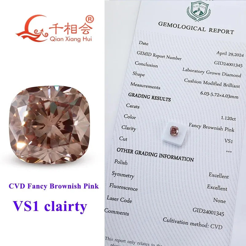 2.75ct CVD Lab Grown Diamond - Fancy Brownish Pink, VVS Clarity, Cushion Shape, GEMID Certified Loose Stone for Jewelry Making & Engagement Rings