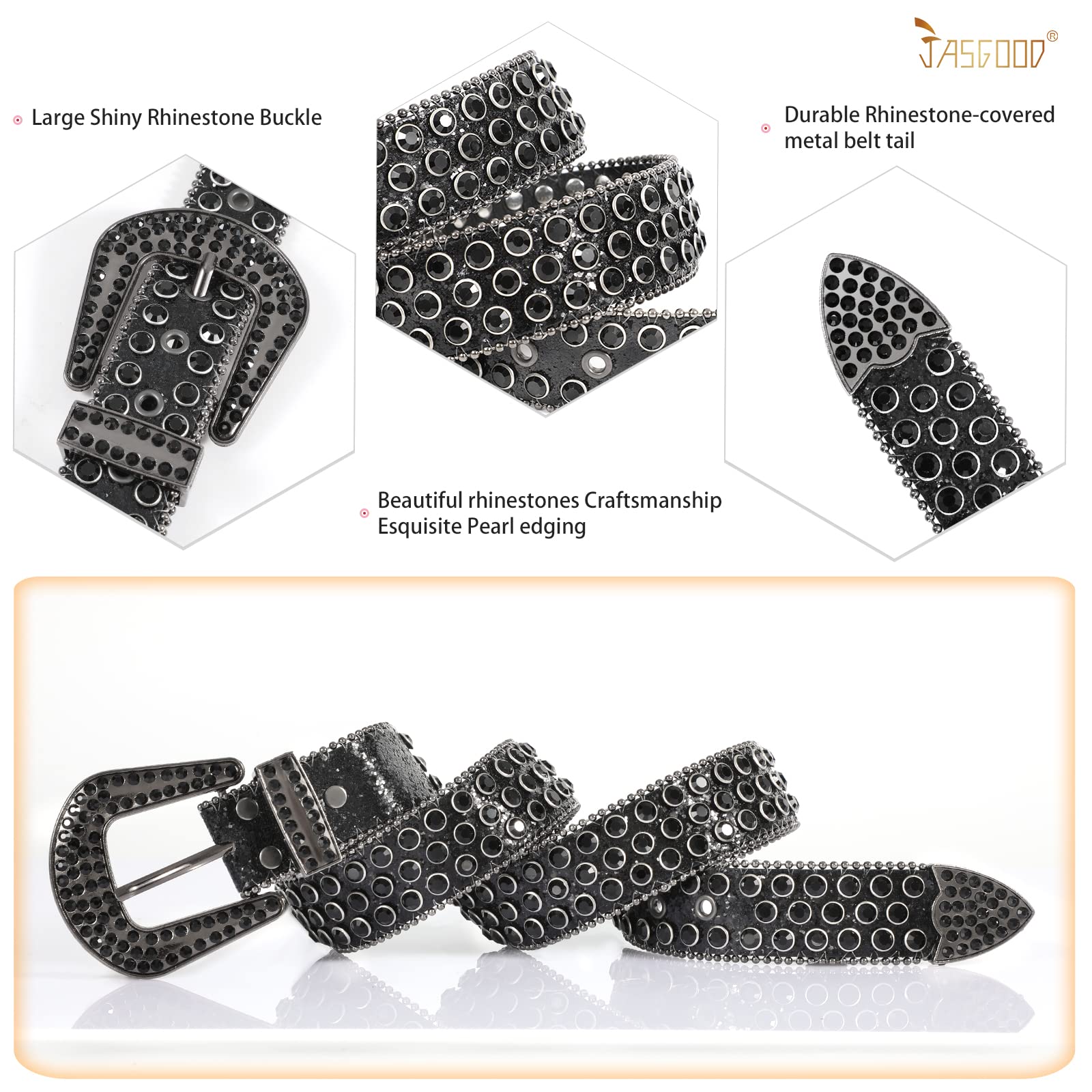 JASGOOD Rhinestone Belt for Women & Men - Bling Western Cowgirl Cowboy Studded Leather Waist Belt with Diamonds for Jeans & Pants | Perfect for Country Dance, Rodeo, and Western Fashion Outfits