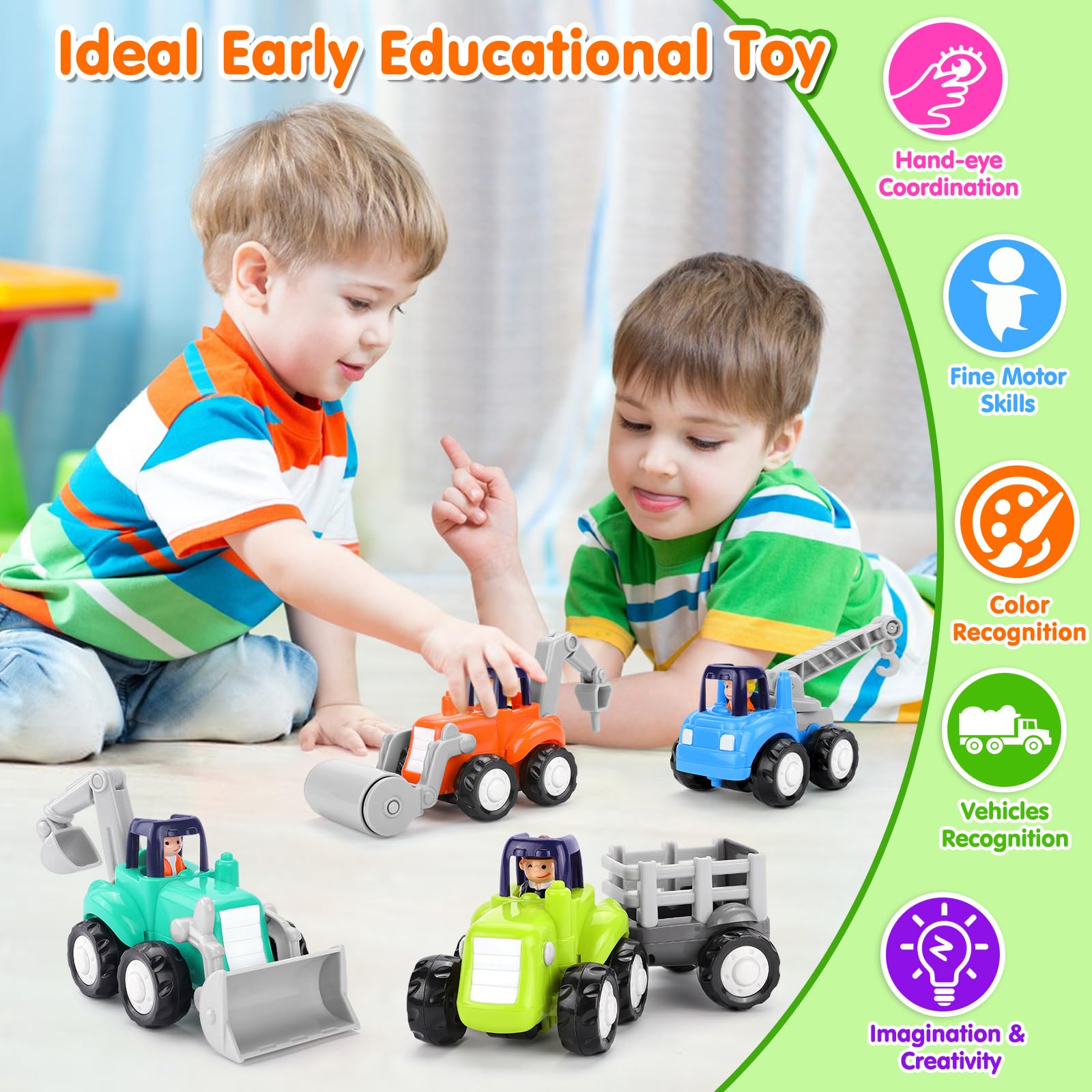 **Best Toy Cars for 1 Year Old Boys - 4PCS Inertia Push & Go Trucks, Construction Vehicles for Toddlers 12-18 Months | Early Learning Baby Toys & Gift Ideas for Birthdays & Playtime**