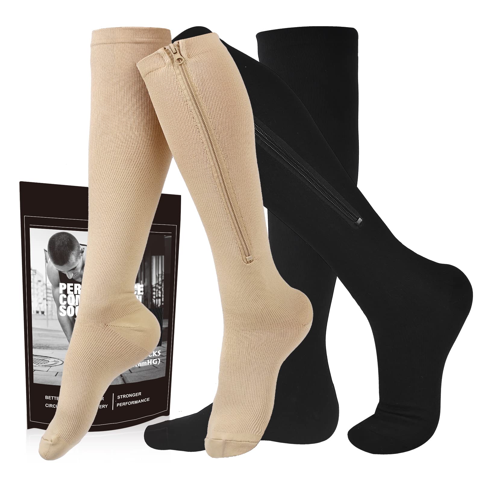 15-20 mmHg Closed Toe Compression Socks for Men & Women - 2 Pairs Zipper Support Stockings - Ideal for Running, Travel & Circulation - Doctor Recommended Graduated Compression