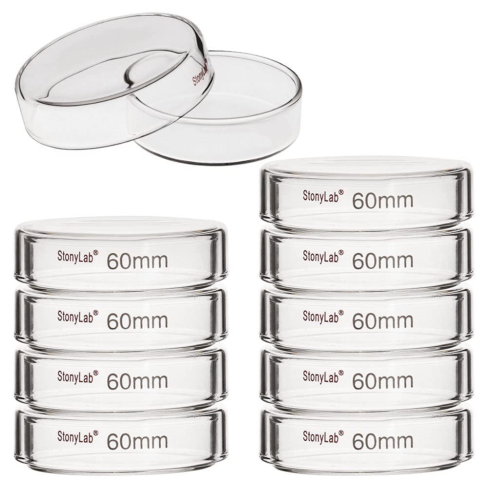 Stonylab 10-Pack Glass Petri Dishes, 60x15mm Autoclavable Borosilicate Glass Cell Culture Dishes with Clear Lid - Ideal for Laboratory Experiments, Microbiology Studies & Scientific Research