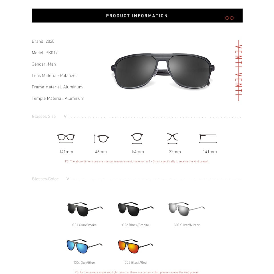 20/20 Unisex Full Rim Square Aluminum Polarized Sunglasses PK017 - Stylish UV Protection for Outdoor Activities, Driving & Fashion