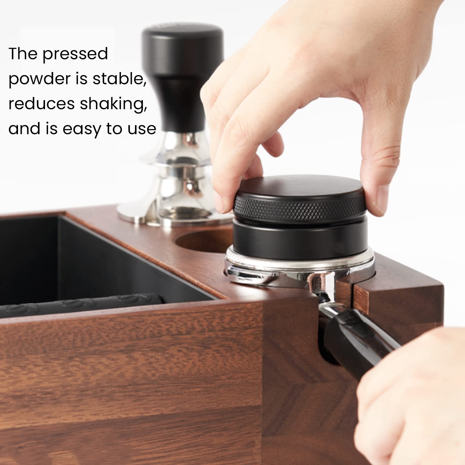 Premium Walnut Wooden Coffee Tamping Stand - 4-in-1 Espresso Tamper Holder with Knock Box & Slag Container - Professional Coffee Distributor Station for Baristas, Home Brewing, Cafés & Office Use