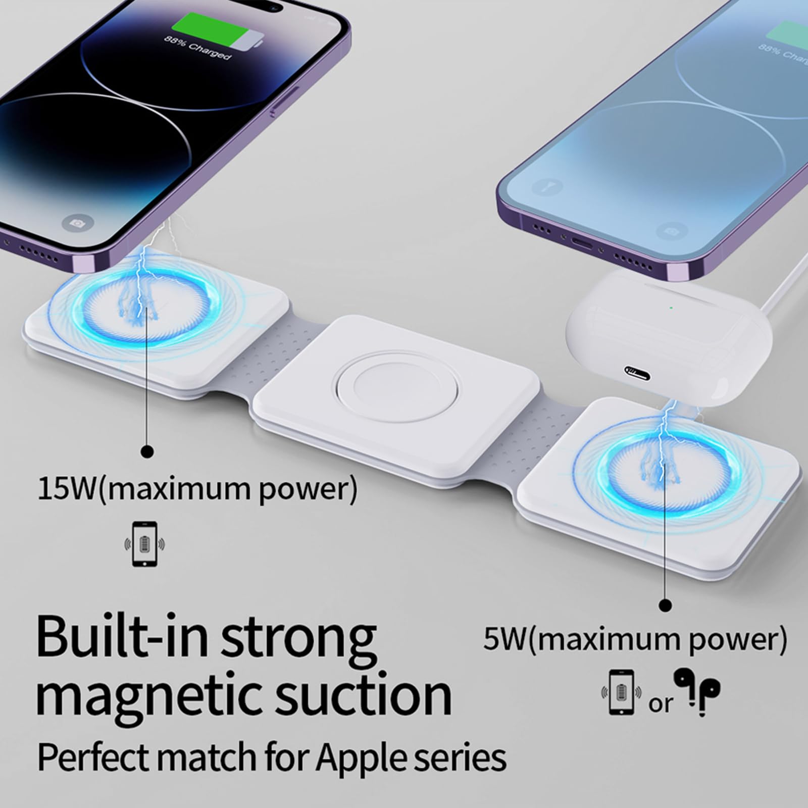 DTD 3-in-1 Foldable Wireless Charging Station for iPhone 15/14/13/12/11/Pro/Max/X/XS/XR/8/8 Plus, Apple Watch & AirPods - Fast Qi-Certified Charger for Home, Office & Travel