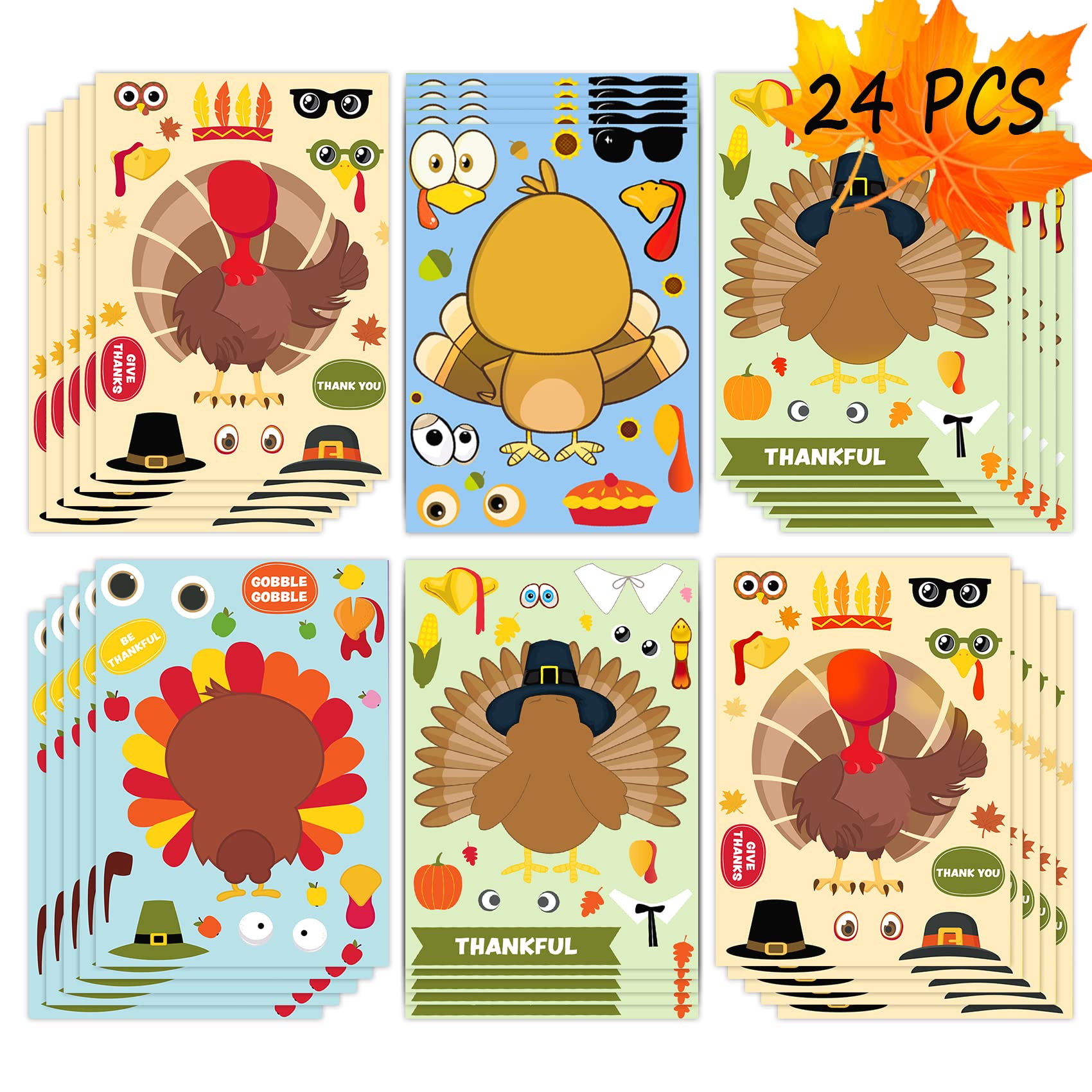 24 Sheets Thanksgiving Turkey Face Stickers for Kids - Bulk DIY Crafts, Party Favors & Classroom Activities | Perfect for Holiday Decorations, Scrapbooking & Gift Giving