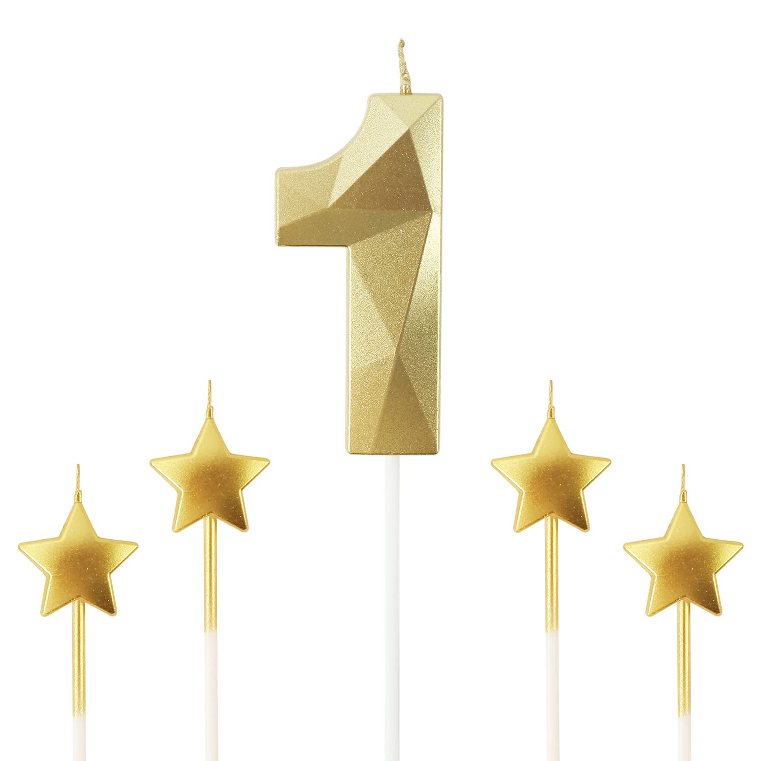 Golden Number 1 Birthday Candles & Star Shaped Candles - 2.76 Inch 3D Diamond Cake Decorations for Birthday Parties, Anniversaries, Baby Showers & Special Celebrations (Gold)