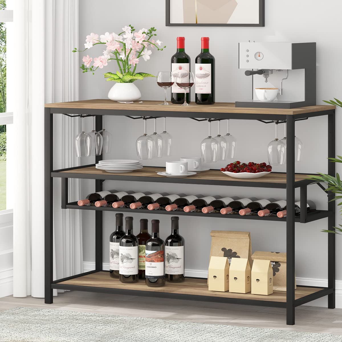 LVB Modern Wine Rack Table - 40 Inch Rustic Oak Wine Bar Cabinet with Metal & Wood Design, Freestanding Floor Liquor Storage Stand Featuring Bottle Shelf & Glass Holder - Perfect for Home Kitchen, Dining Room, Bar or Entertainment Area