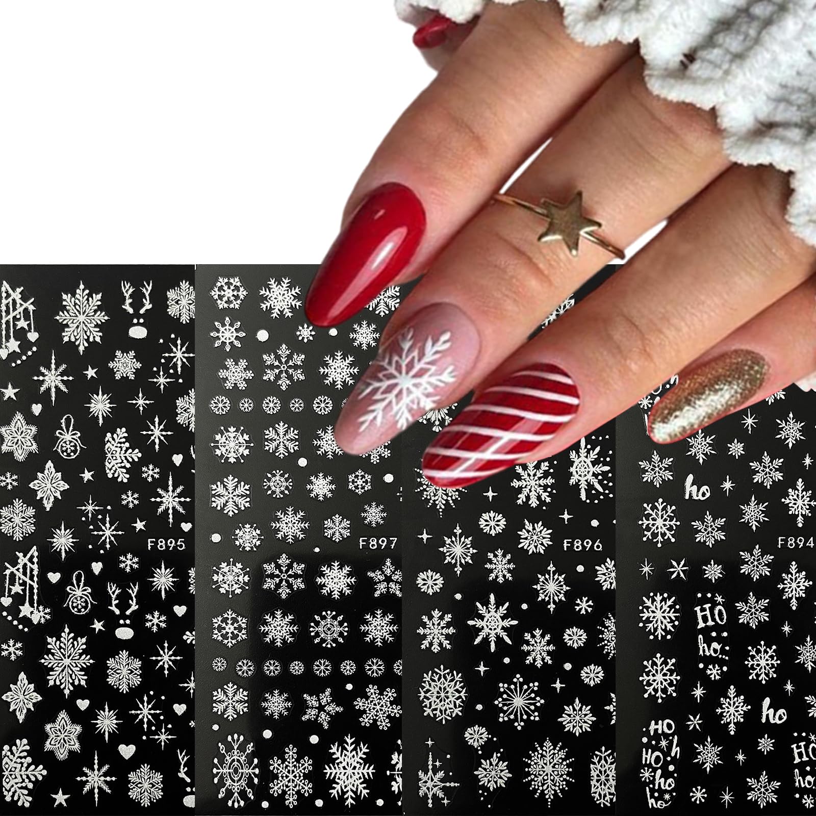 8 Sheets White Glitter Snowflakes Nail Art Stickers - 3D Bells & Snowball Decals for Christmas Nail Design - Acrylic Nail Supplies for Women - Perfect for Holiday Parties & Winter Nail Art