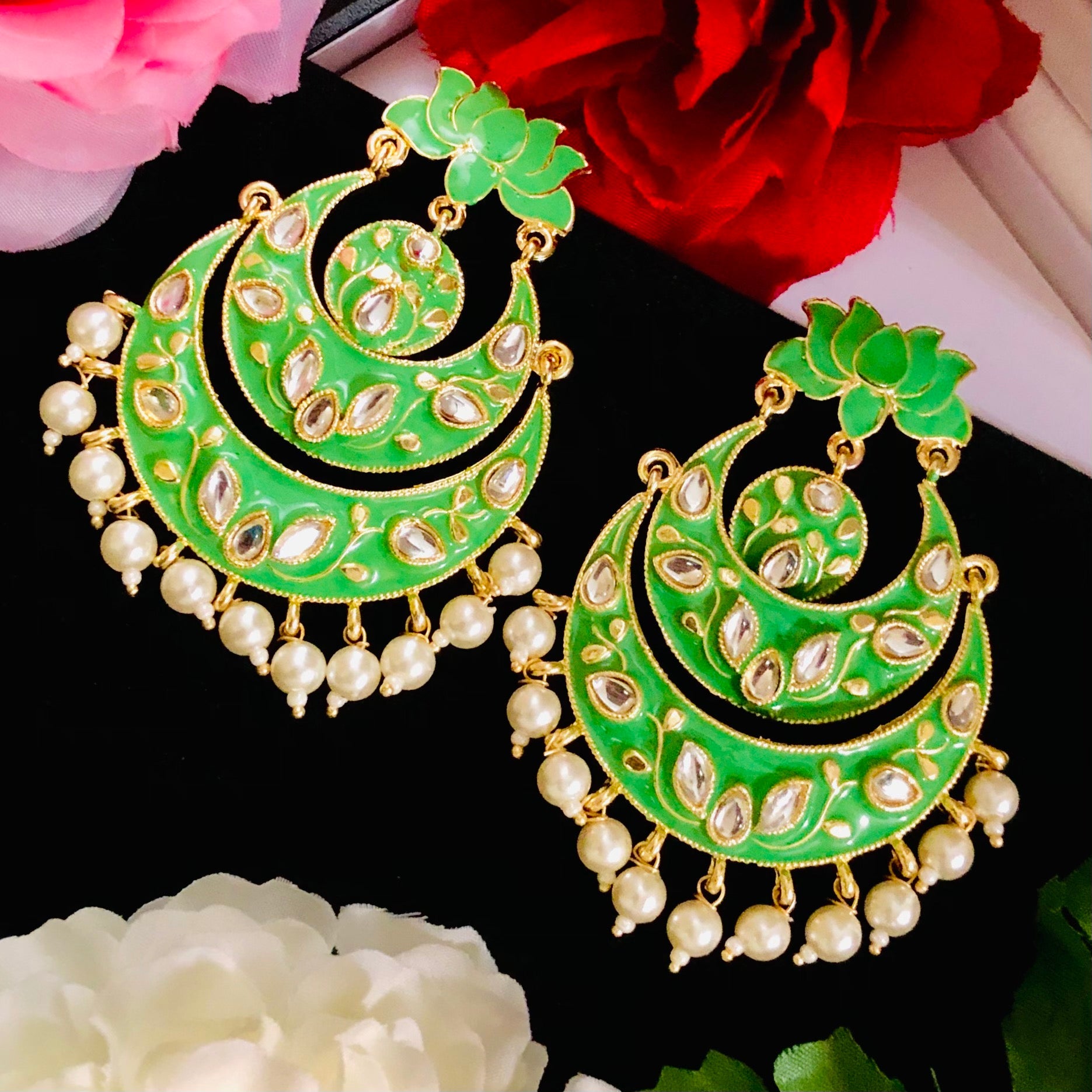 E888 Designer Green Chandbali Earrings with Lotus Flower - Handmade Indian Jewelry for Women, Bridal Accessories, Party Wear & Festive Occasions