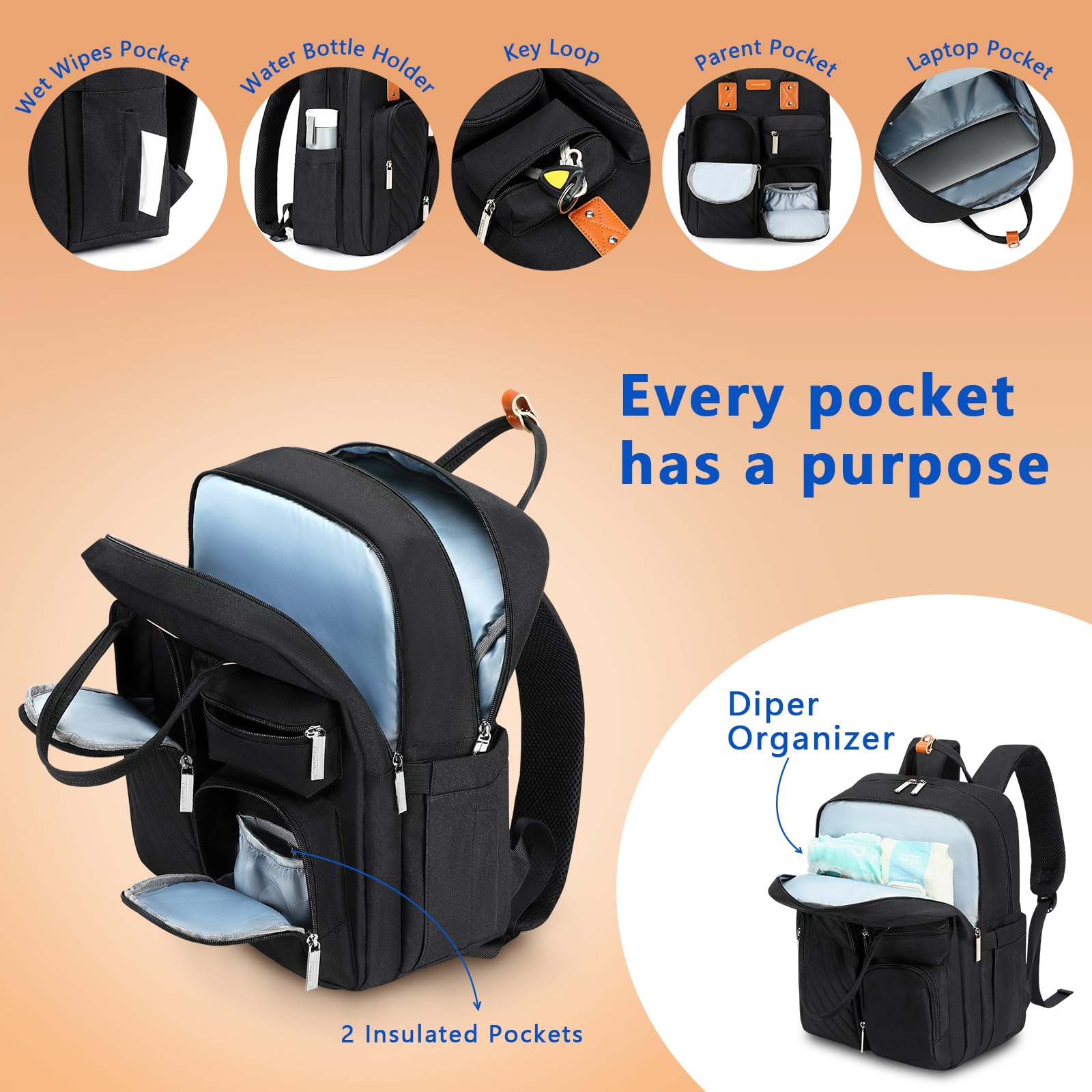 Large Waterproof Diaper Backpack for Baby - Multi-Pocket Travel Diaper Bag with Built-in Stroller Straps, Spacious & Organized (Black) - Perfect for Moms on the Go, Daycare, and Family Outings