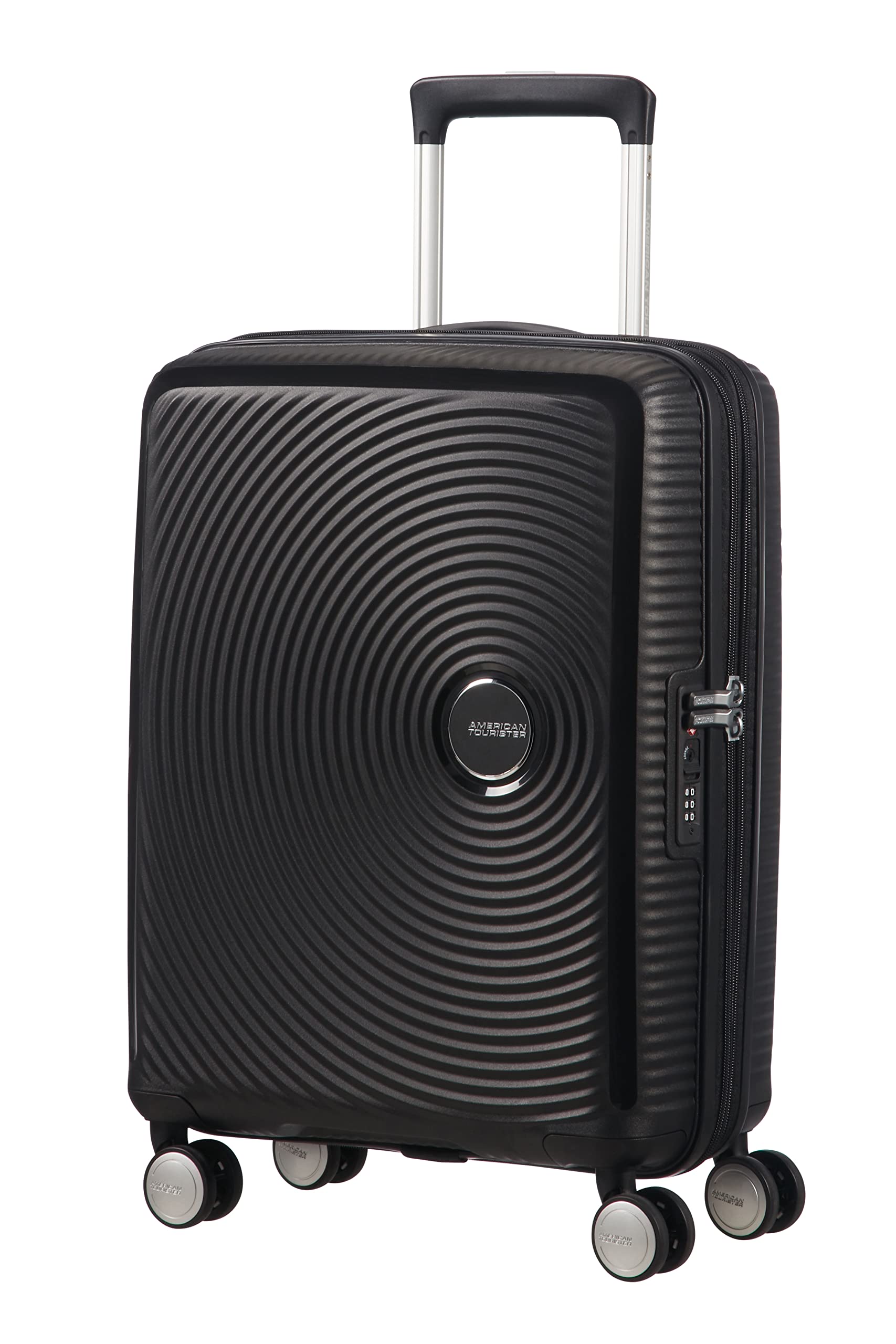 **American Tourister Soundbox Spinner 55/20 Expandable Suitcase - 55cm (35.5L) Carry-On Luggage, Black (Bass Black) - Perfect for Travel, Business Trips & Weekend Getaways**