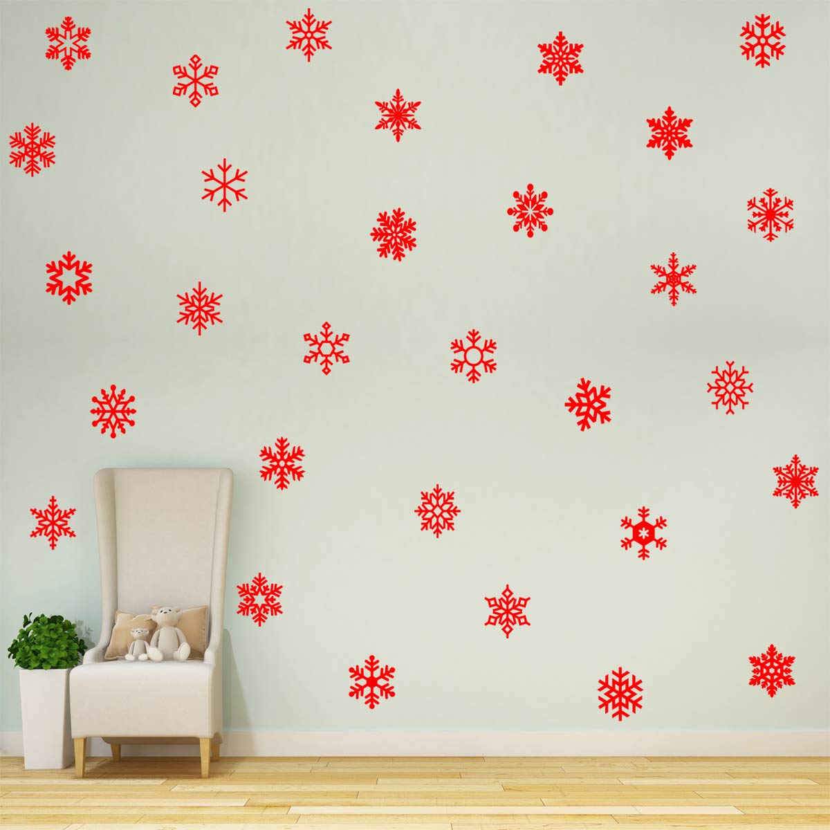 VWAQ Snowflake Wall Decals for Girls Bedroom - 30PCS Peel & Stick Winter Theme Stickers (Red) - Perfect for Nursery, Kids Room & Holiday Home Decor
