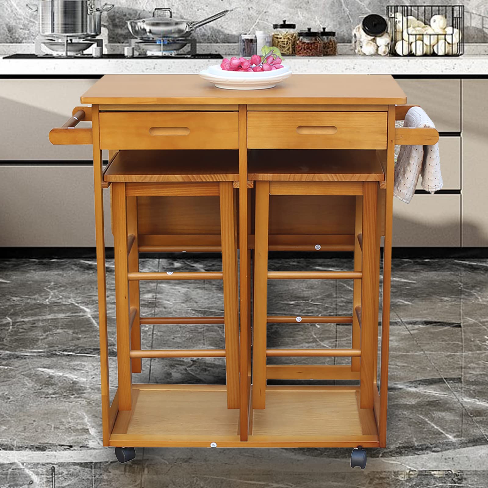 Folding Drop Leaf Kitchen Table Set with Stools - Space Saving Dining Room & Breakfast Nook Furniture for Small Spaces, Mobile Kitchen Island Cart on Wheels, Dark Wood Multi-Functional Table for Living Room & Apartment | Perfect for Compact Homes, Studio Apartments & Small Kitchens