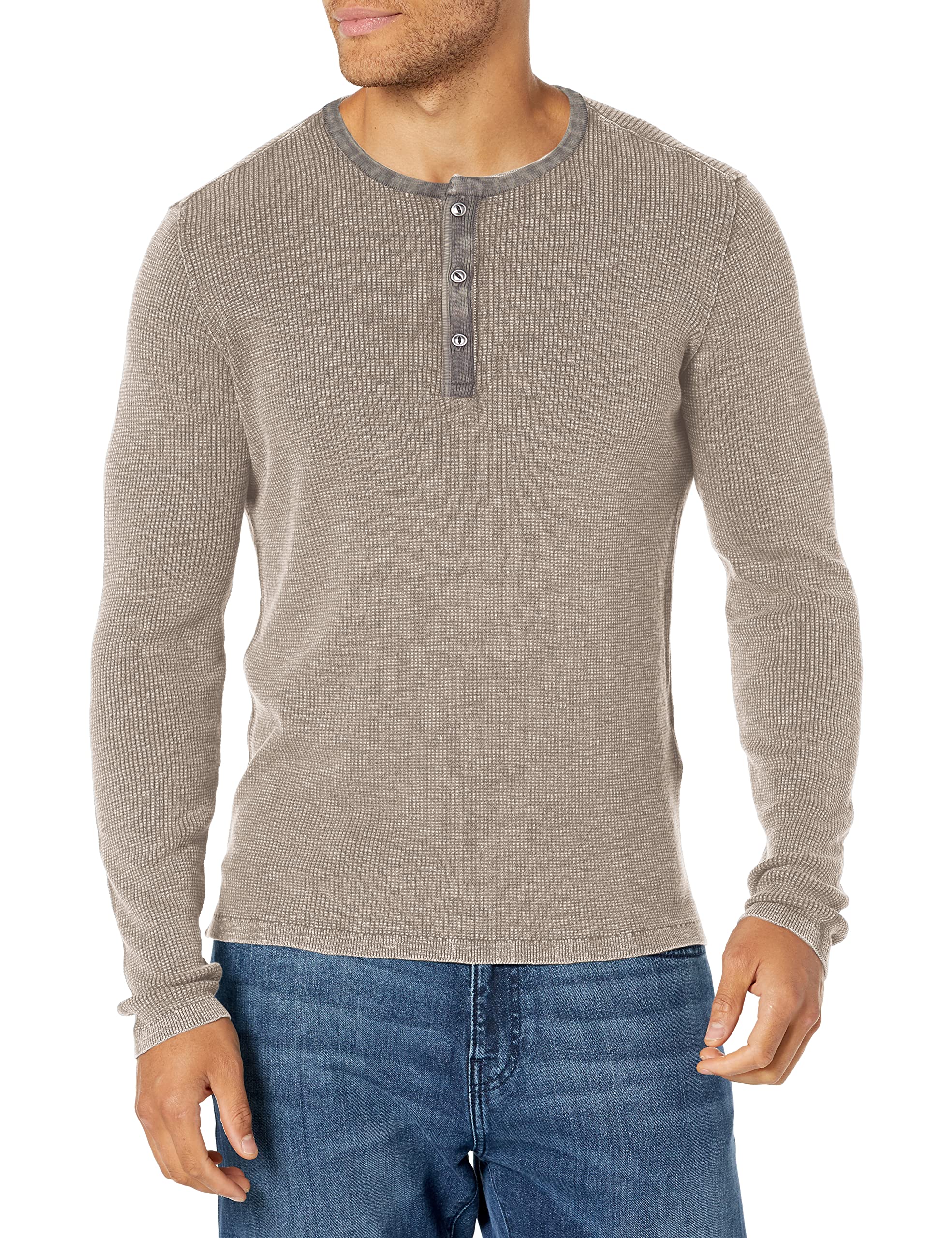 John Varvatos Men's Nashville Waffle Henley Shirt - Fadeaway Wash Distressed Cotton Tee for Casual Wear & Street Style Outfits