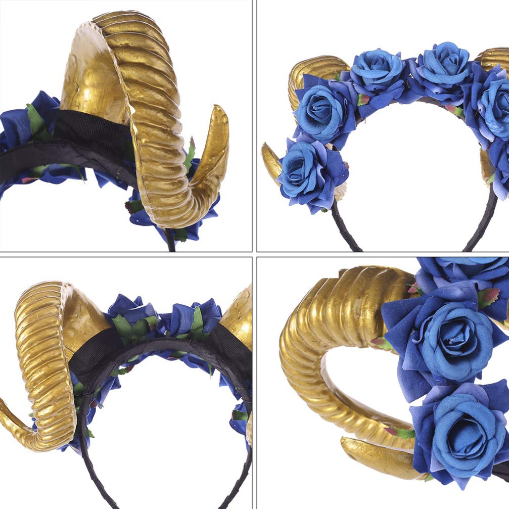 Beaupretty Blue Rose Ox Horn Headband - Halloween Cosplay Headpiece for Women, Costume Accessory for Bull Horn Headdress, Masquerade Party & Cosplay Events | Perfect for Halloween, Themed Parties & Costume Contests