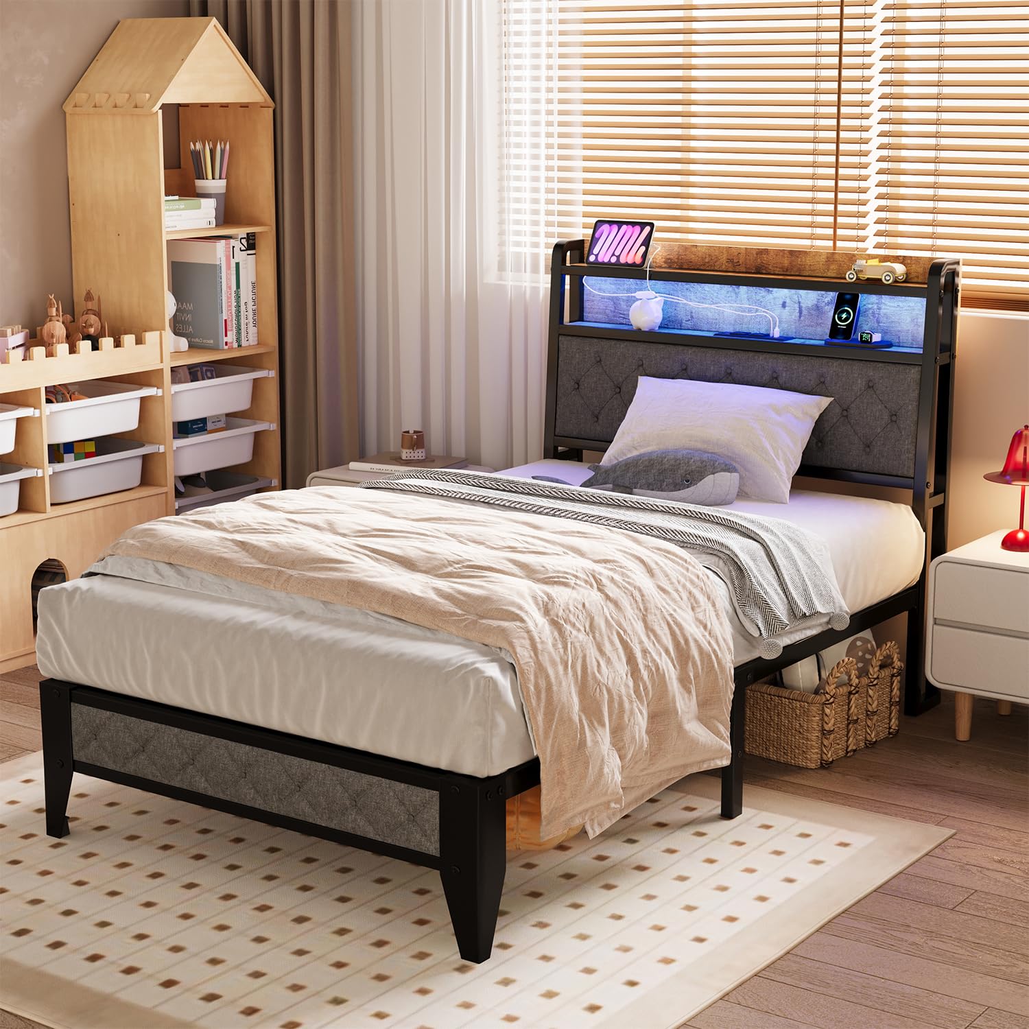Winkalon Twin Size LED Bed Frame with Upholstered Headboard & Charging Station - Modern Metal Platform Bed with Underbed Storage, No Box Spring Needed - Perfect for Small Bedrooms, Guest Rooms & Dormitories
