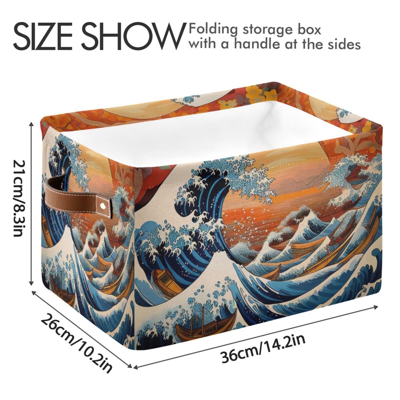 2-Pack Japanese Fabric Storage Bins with Handles - Kanagawa Wave Pattern Closet Organizer Baskets for Clothes, Toys & Home Organization | Perfect for Bedroom, Nursery & Laundry Room Storage