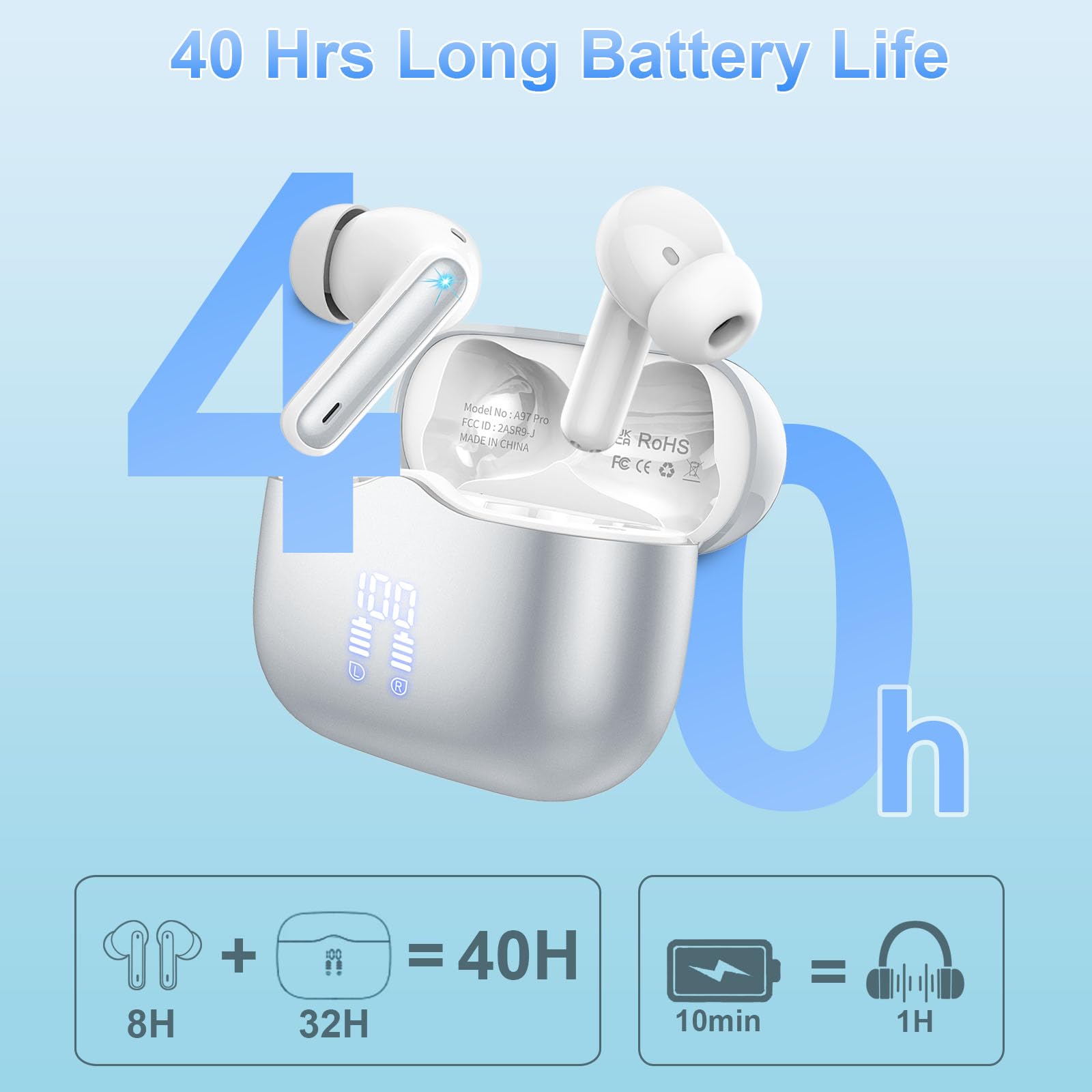 Wireless Earbuds Bluetooth 5.3 with ENC Noise Cancelling Mic, IPX7 Waterproof in-Ear Headphones, 40H Playtime, Ultra Light & Comfortable for Running, Workout, Travel - Silver