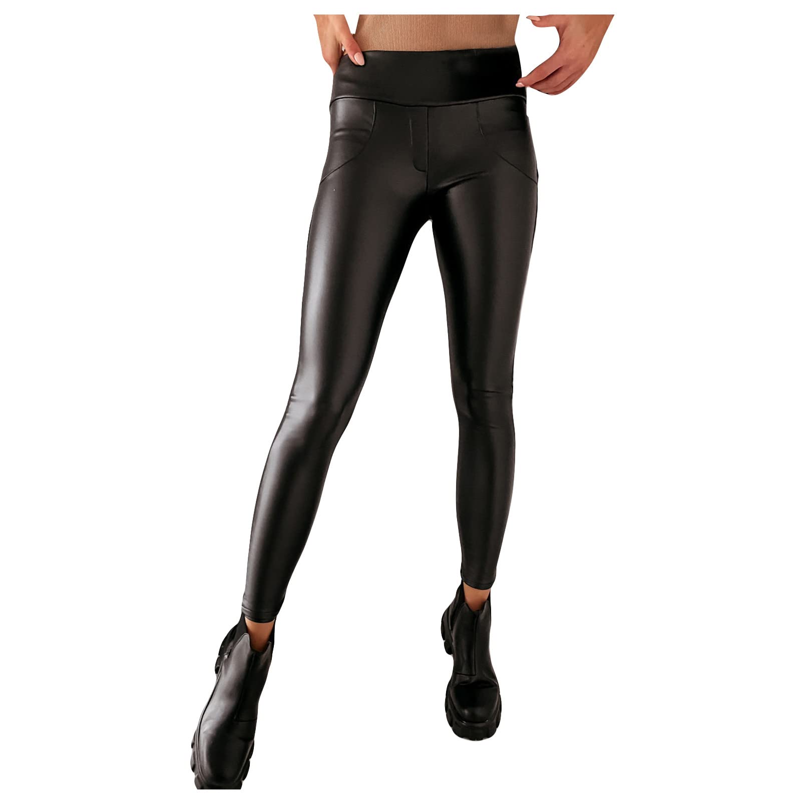 Women's High Waist Faux Leather Pants - Stretchy Straight Leg Trousers with Pockets, Loose Fit Black Leggings for Casual Wear & Night Out