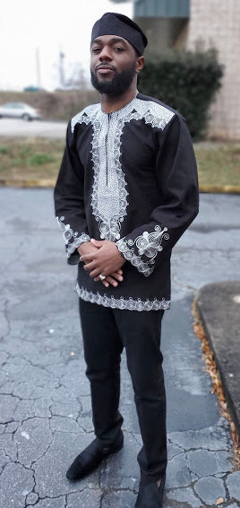 Abioye Silver Men's Dashiki Shirt African Print Tunic Top - DPBLKP6E | Perfect for Cultural Events, Weddings & Afrocentric Fashion