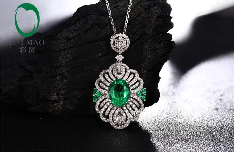 2.12ct Natural Emerald 14K White Gold Round Cut Diamond Pendant Necklace for Women - Elegant Jewelry Gift for Birthday, Anniversary & Special Occasions
