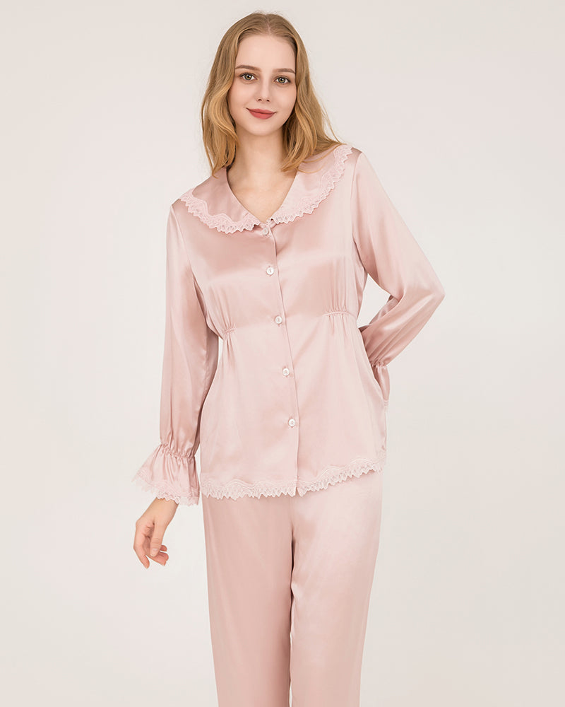Luxury Silk Pajama Set for Women - Elegant Lace Ruffled Cuffs & Comfortable Sleepwear - Perfect for Valentine's Day, Bridal Shower & Anniversary Gifts