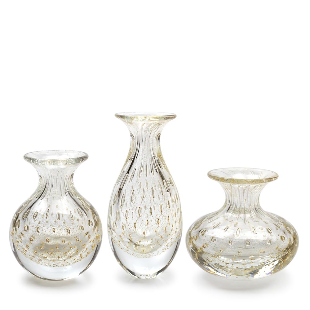 Hand Blown Murano-Style Glass Vases Set of 3 - Small Bubble Art Vases with Gold Leaf Accents for Home Decor, Wedding Centerpieces & Gift Giving (Models Nº 2/3/4)