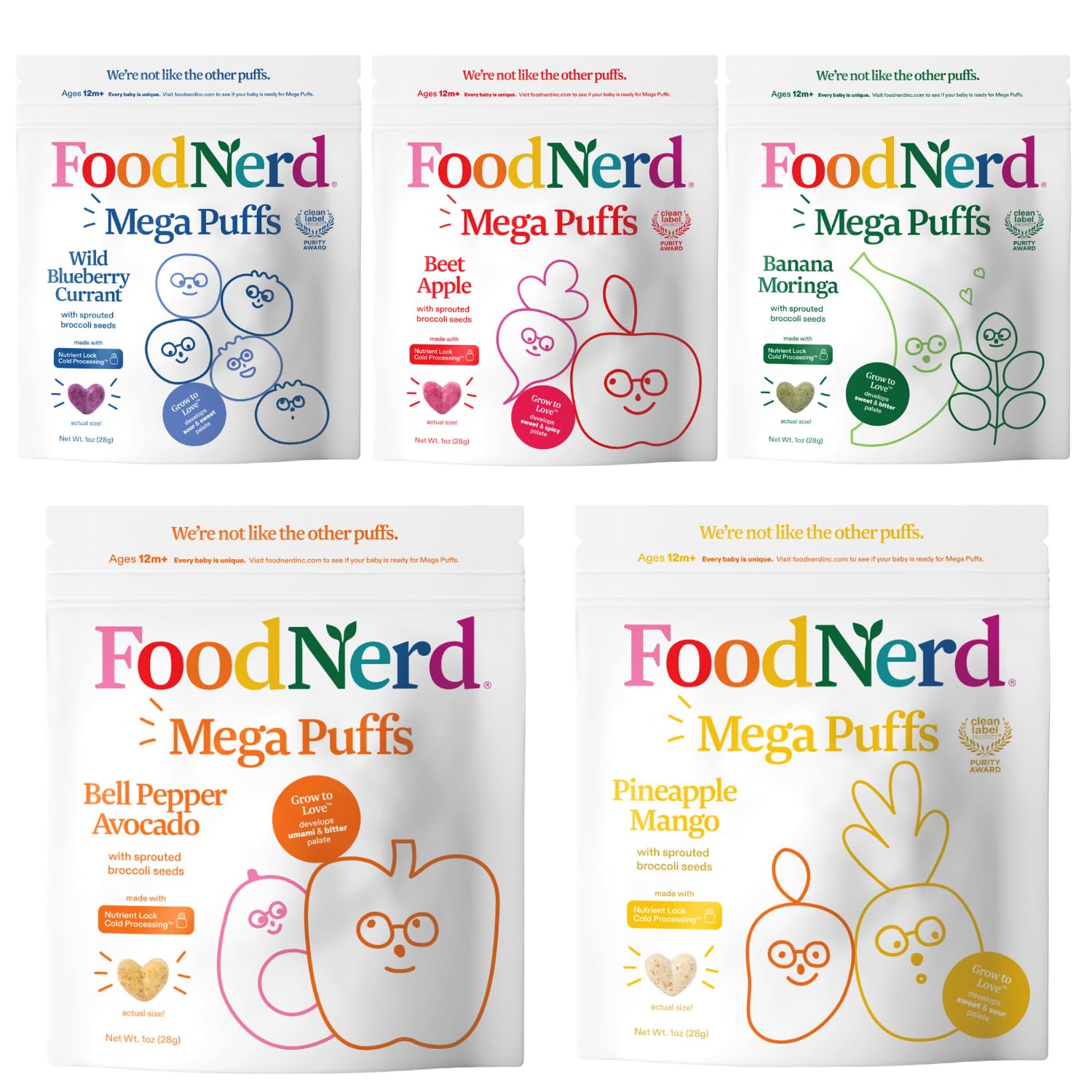 Organic Mega Puffs Variety Pack for Babies & Toddlers - 100% Fruits & Vegetables Snacks with Sprouted Broccoli Seeds - All Natural Healthy Kid Snacks (10 Pack) - Perfect for On-the-Go, Lunchboxes & Daycare Snack Time