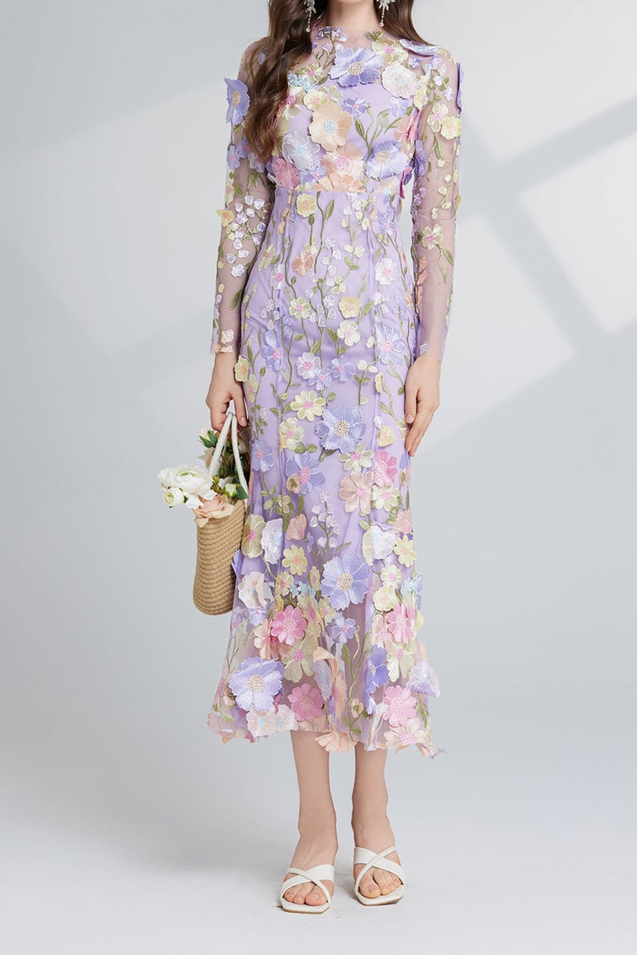 Elegant Carol Purple Floral Embroidered Mesh Long Sleeve Midi Dress for Women | Perfect for Weddings, Parties & Special Occasions