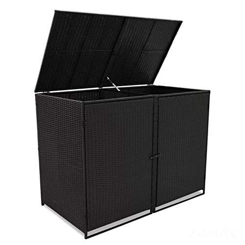 ZAMAX Outdoor Waterproof PE Rattan & Steel Wheelie Bin Storage Shed with Lid - Double Door Trash Can Organizer for Garden, Patio & Backyard - Black