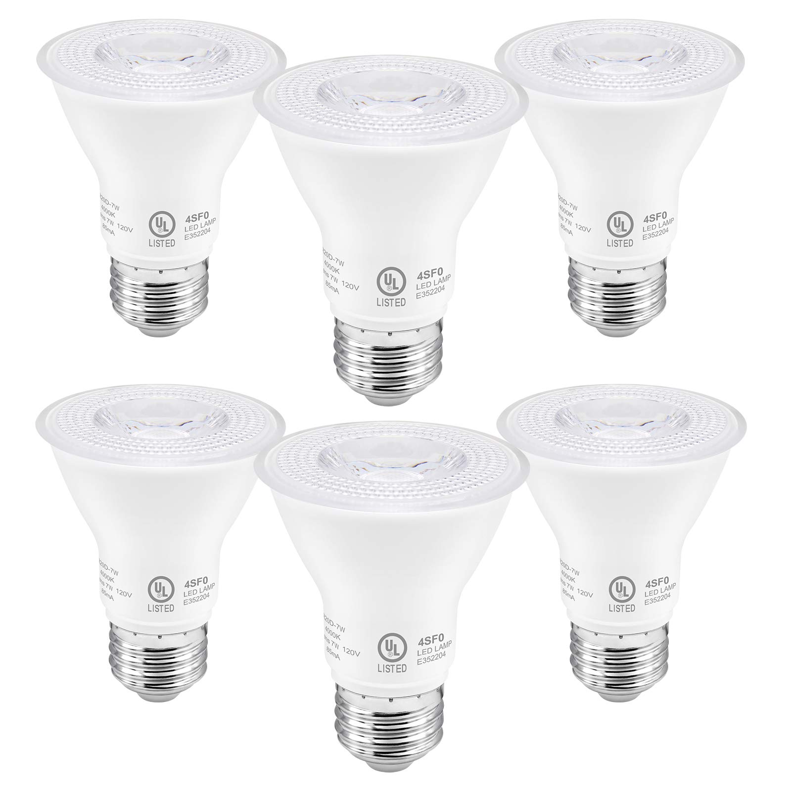 PAR20 LED Bulbs UL Listed, Dimmable 7W (60W Equivalent) Spotlight Bulb, E26 Base, 5000K Daylight White Flood Light - 6 Pack for Living Room, Kitchen, Hotel, Showroom, Indoor & Outdoor Lighting