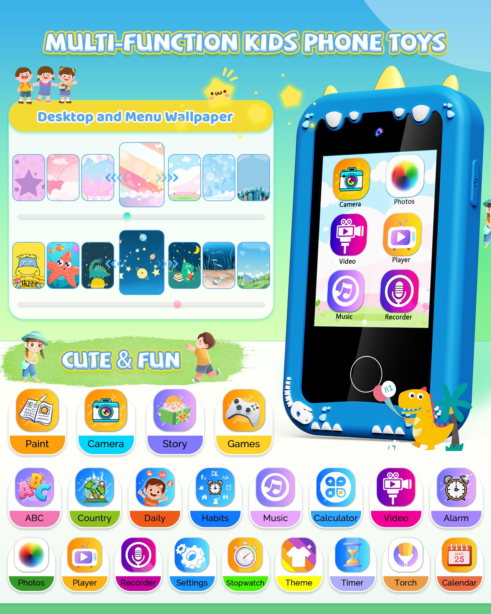 UCIDCI Kids Learning Smart Phone Toy - Interactive Touchscreen Pretend Phone for Boys & Girls Ages 3-8 | Dinosaur-Themed Educational Toy | Perfect Birthday Gift for Toddlers | Pretend Play, Early Learning & Role-Playing Scenarios
