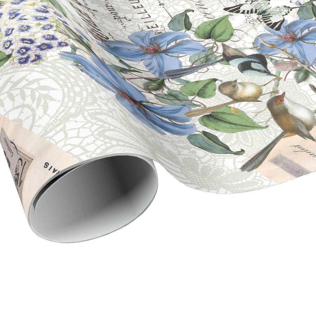 Blue Clematis and Birds Gift Wrap Sheets - Eco-Friendly Wrapping Paper for Birthdays, Weddings & Holidays - Premium Craft Paper for DIY Gifts and Scrapbooking