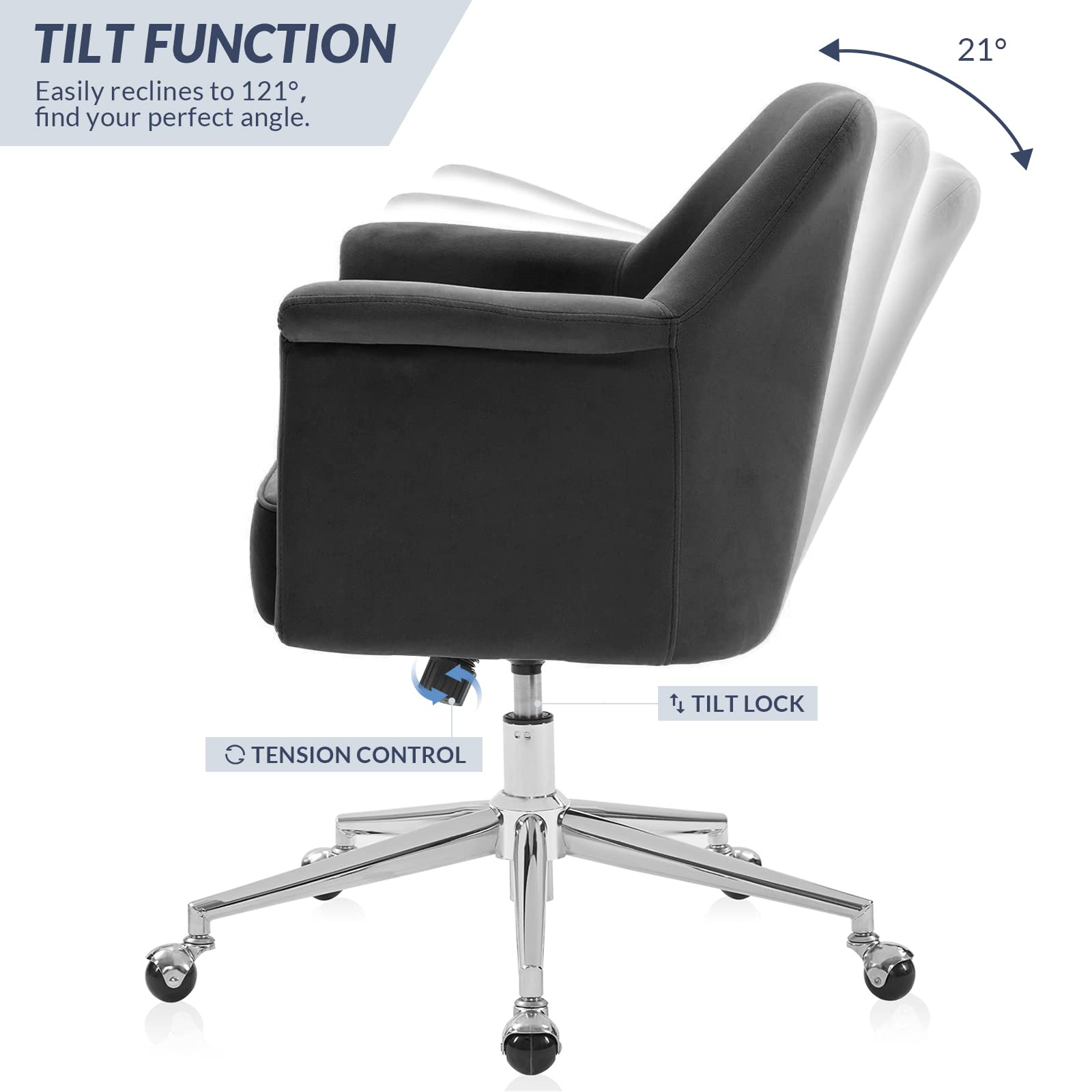 BELLEZE Modern Velvet Office Chair with 360 Swivel & Adjustable Arms - Ergonomic Rolling Desk Chair with Metal Base for Home Office, Study, Bedroom & Vanity - Comfortable Computer Chair for Work & Relaxation (Gray)