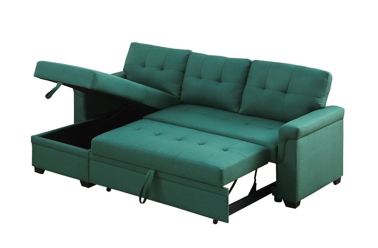 Lilola Home Reversible Sleeper Sectional Sofa with Storage Chaise - Green Velvet Fabric | Convertible Sleeper Sofa Bed for Small Spaces | Perfect for Living Room, Guest Room & Apartment
