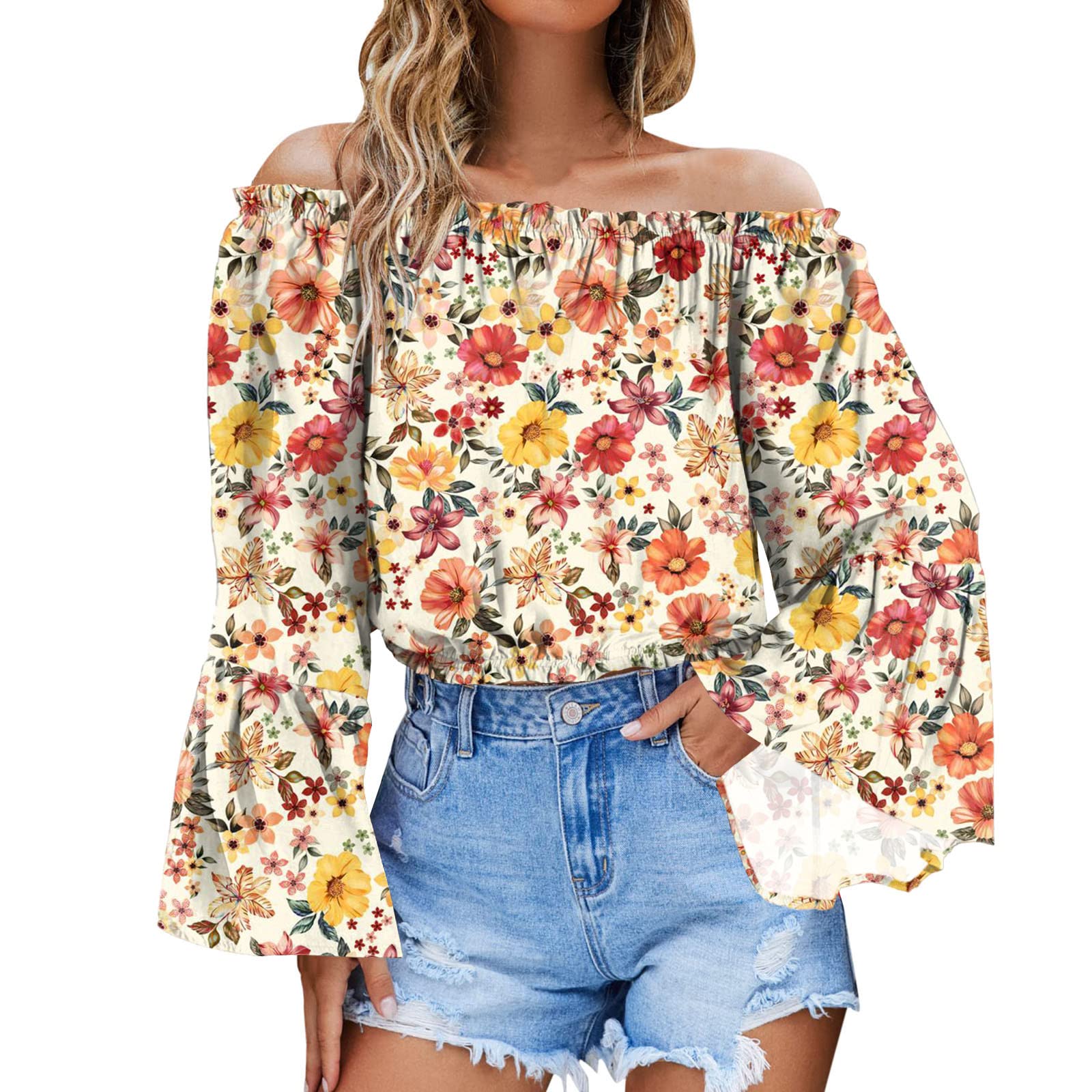 Sexy Women's Summer Off Shoulder Crop Top with Long Bell Sleeves - Casual Spring Blouse for Beach, Party & Date Night Outfits