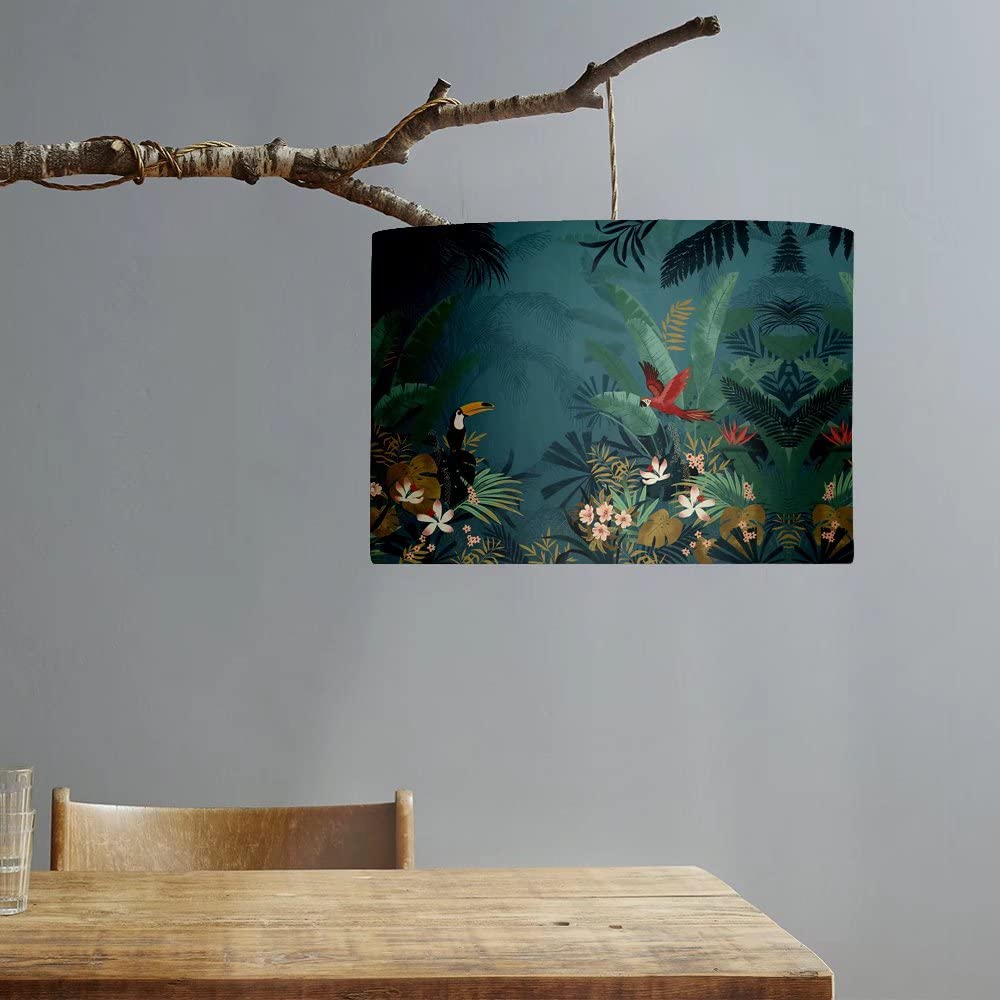 Tropical Forest Cylinder Lamp Shade with Bird & Floral Design - Natural Linen Fabric Drum Ceiling Light Cover for Table & Desk Lamps - Perfect for Living Room, Bedroom & Home Decor - Creates Cozy Ambiance for Relaxation & Reading