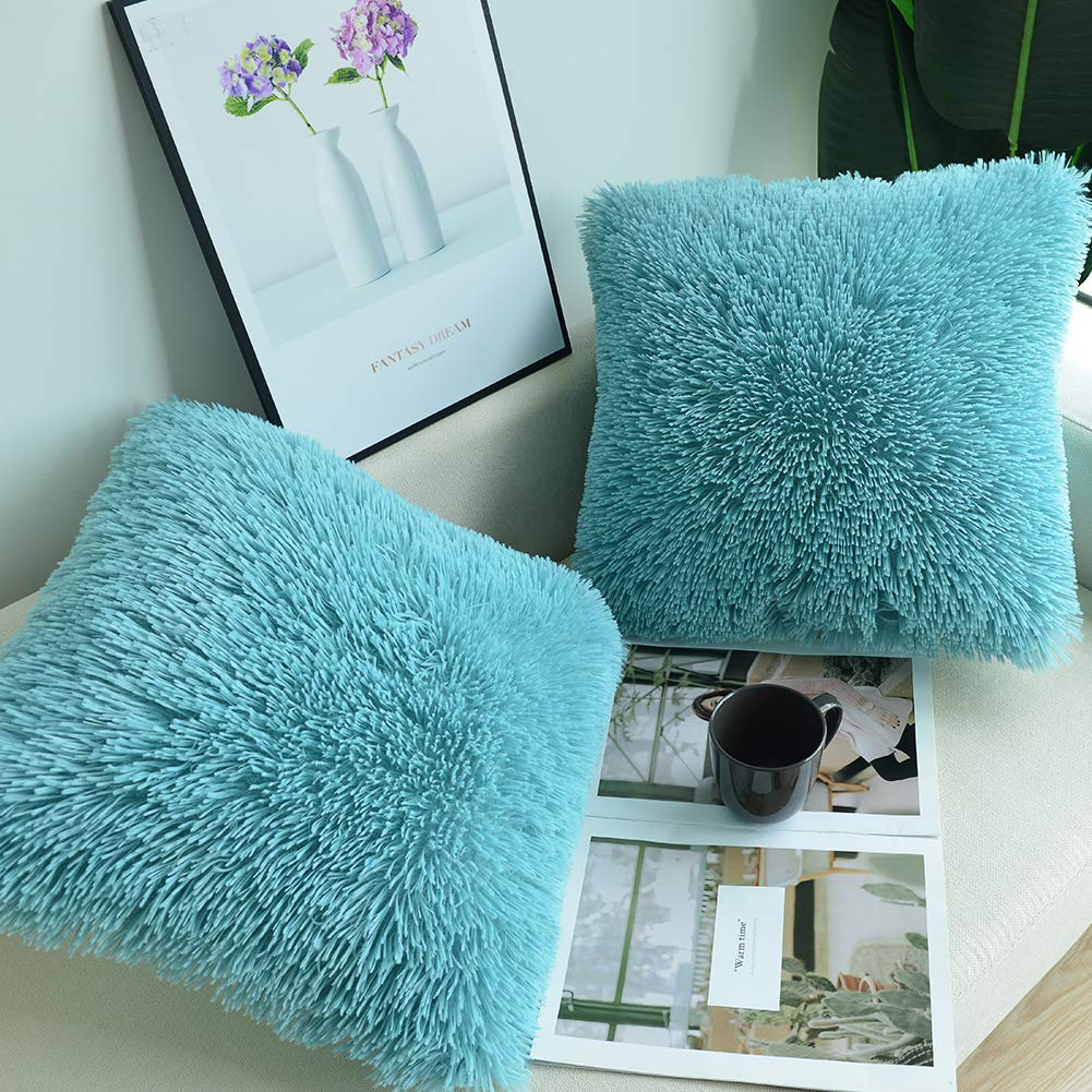 NordECO HOME Luxury Soft Faux Fur Fleece Pillow Covers 20x20 Inches - 2 Pack Teal Green Decorative Throw Pillow Cases (No Insert Included) for Sofa, Bed, Couch & Home Decor