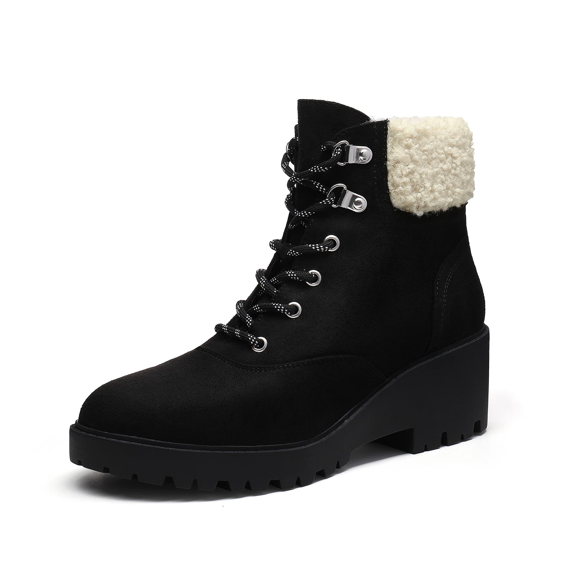 DREAM PAIRS Women's White & Black Platform Boots - Low Wedge Heel Ankle Booties, Lace-Up Combat Boots for Casual Outfits, Street Style & Winter Fashion