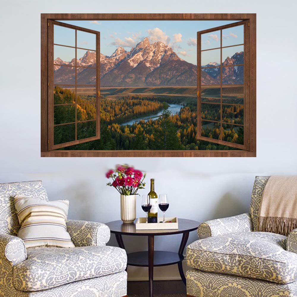 DNVEN 3D Fake Wood Window Decal - Mountain Lake Scenery Wall Sticker, High Definition Faux Window Frame Mural (28x20 inches) for Bedroom, Living Room & Playroom - Perfect for Home Decor, Office & Nursery Wall Art
