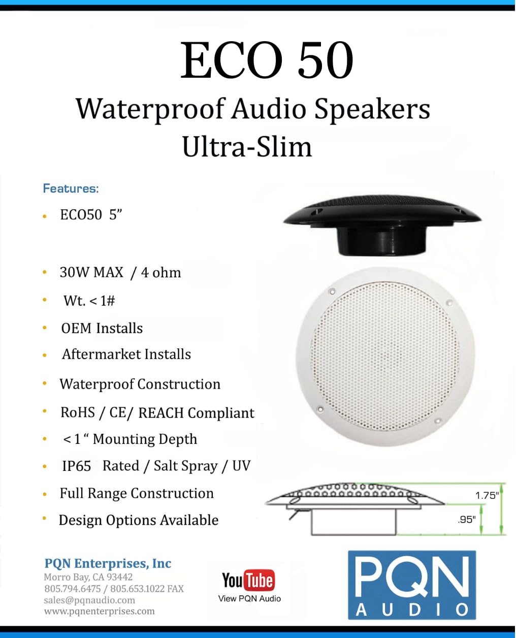 PQN Audio ECO50-4BK 5 Inch Waterproof Marine Speakers - High Performance Outdoor Speakers for Boats, RVs, Campers, Hot Tubs, Pool Areas & Patio Entertainment